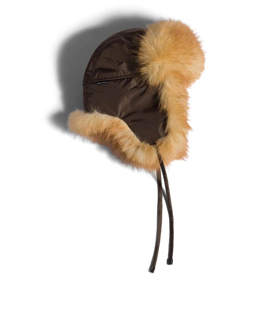Miu Miu Technical Fabric-Faux Fur Trapper Hat Brown
