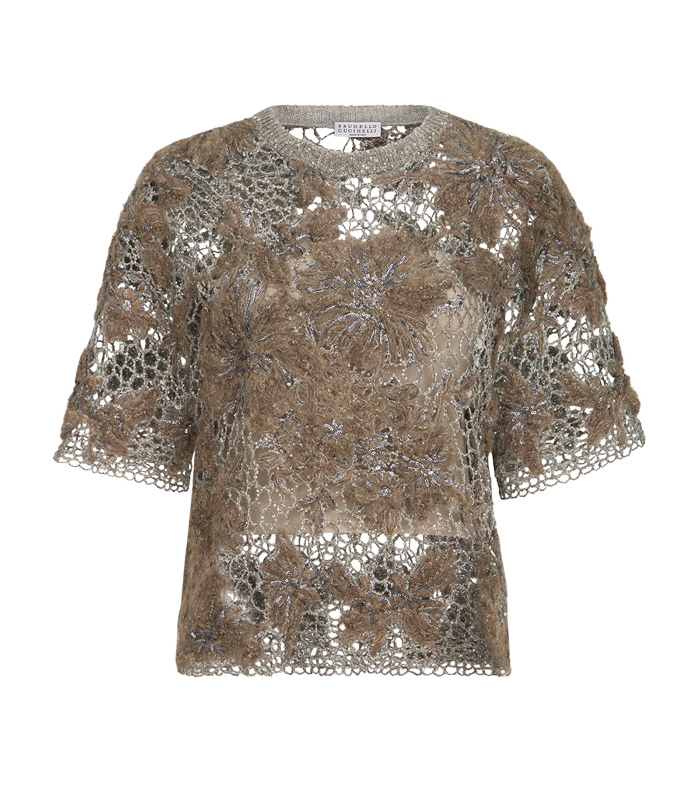 Brunello Cucinelli Womens Mohair-Blend Whispering Bloom T-Shirt Dark Beige
