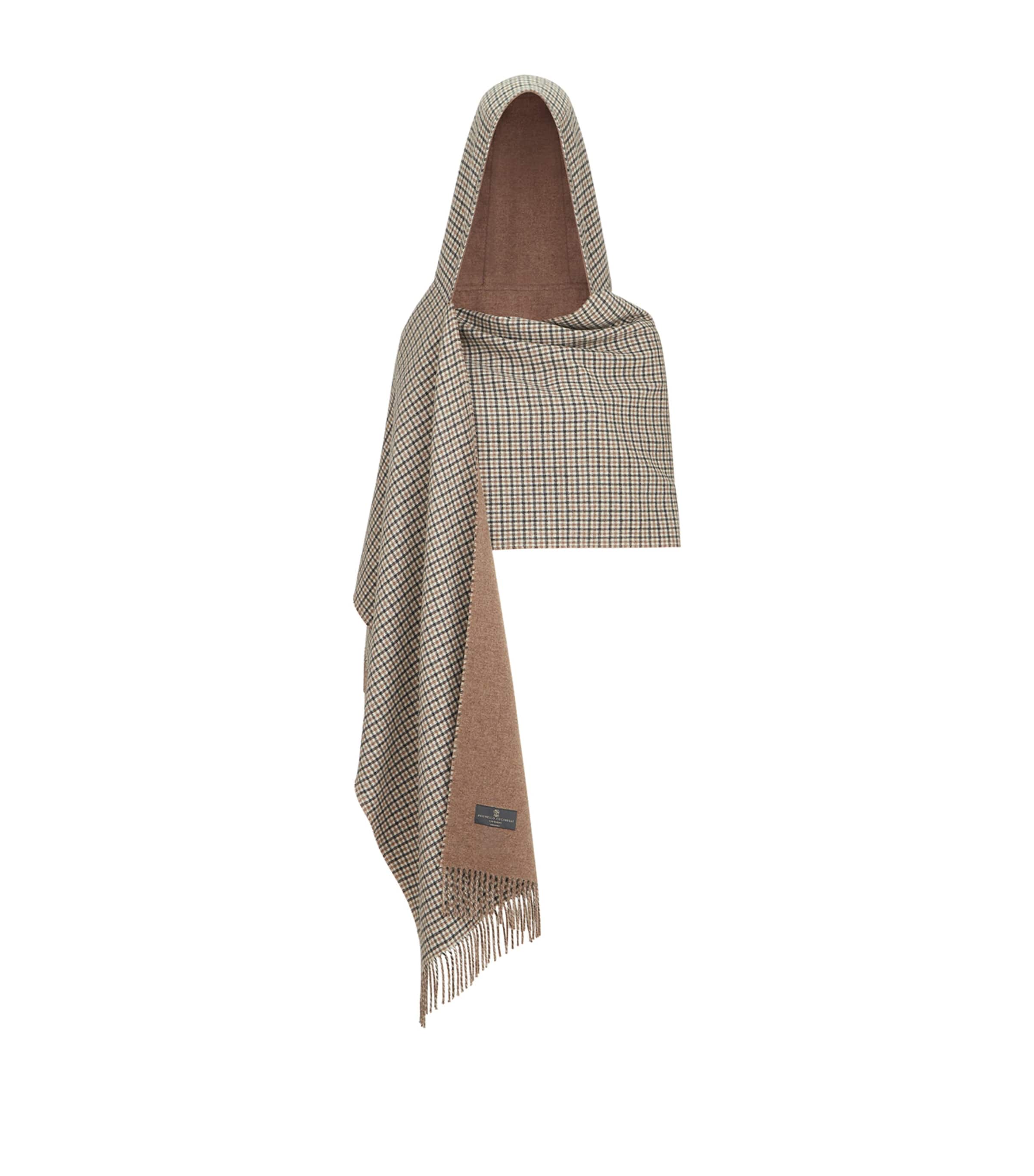 Brunello Cucinelli Womens Cashmere Hooded Houndstooth Scarf Beige+grey