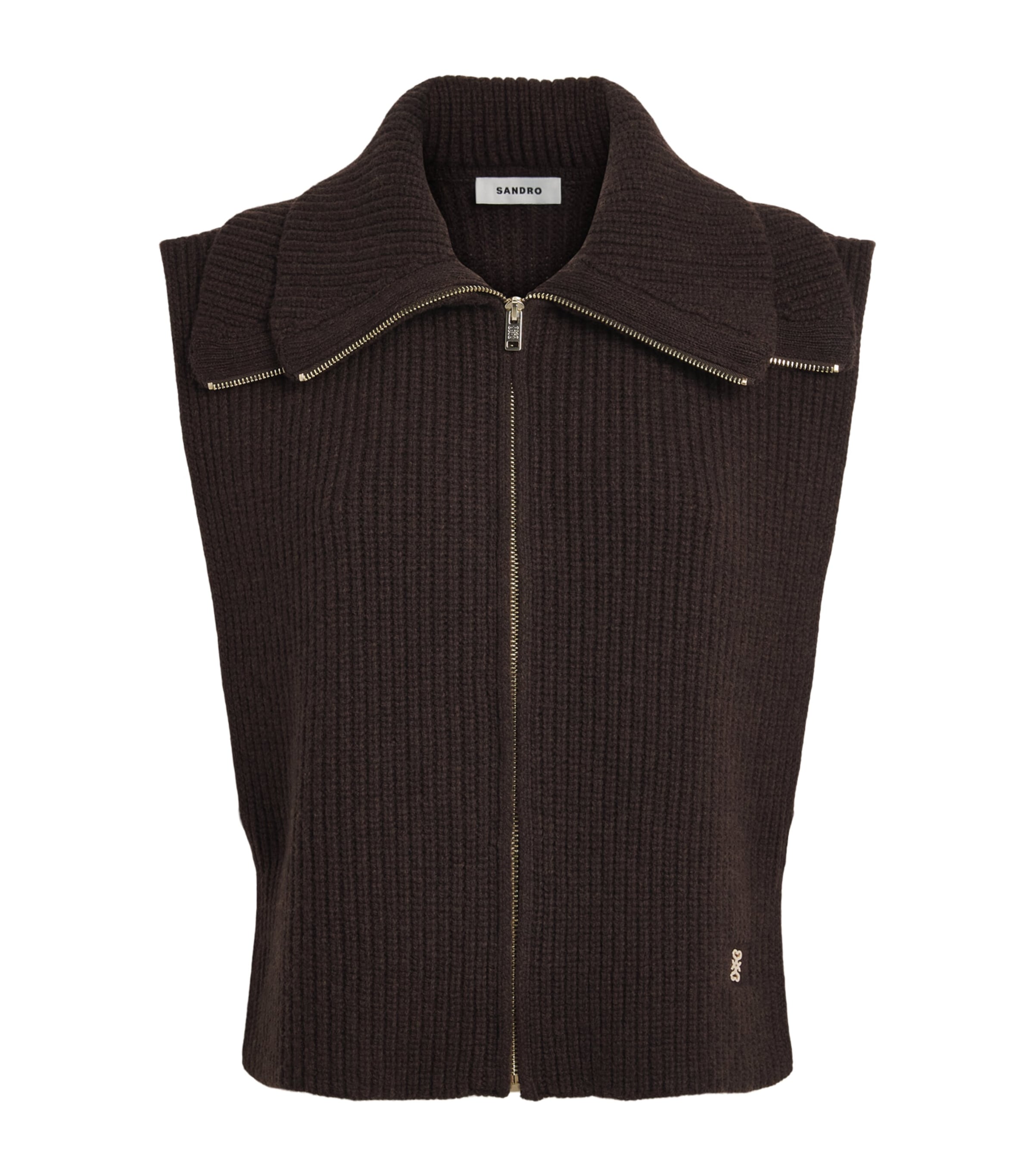 Sandro Paris Wool Knitted Zip-Up Collar Brown