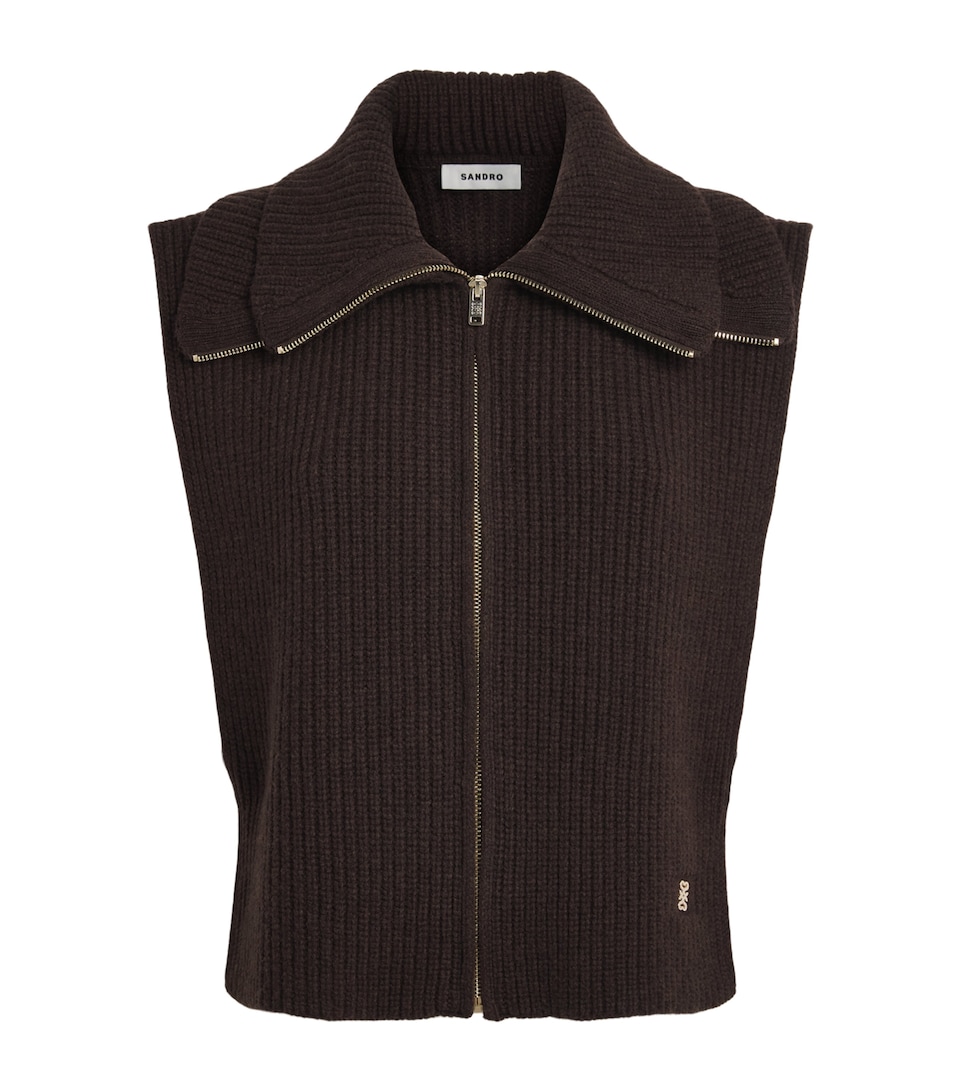 Sandro Paris Wool Knitted Zip-Up Collar Brown