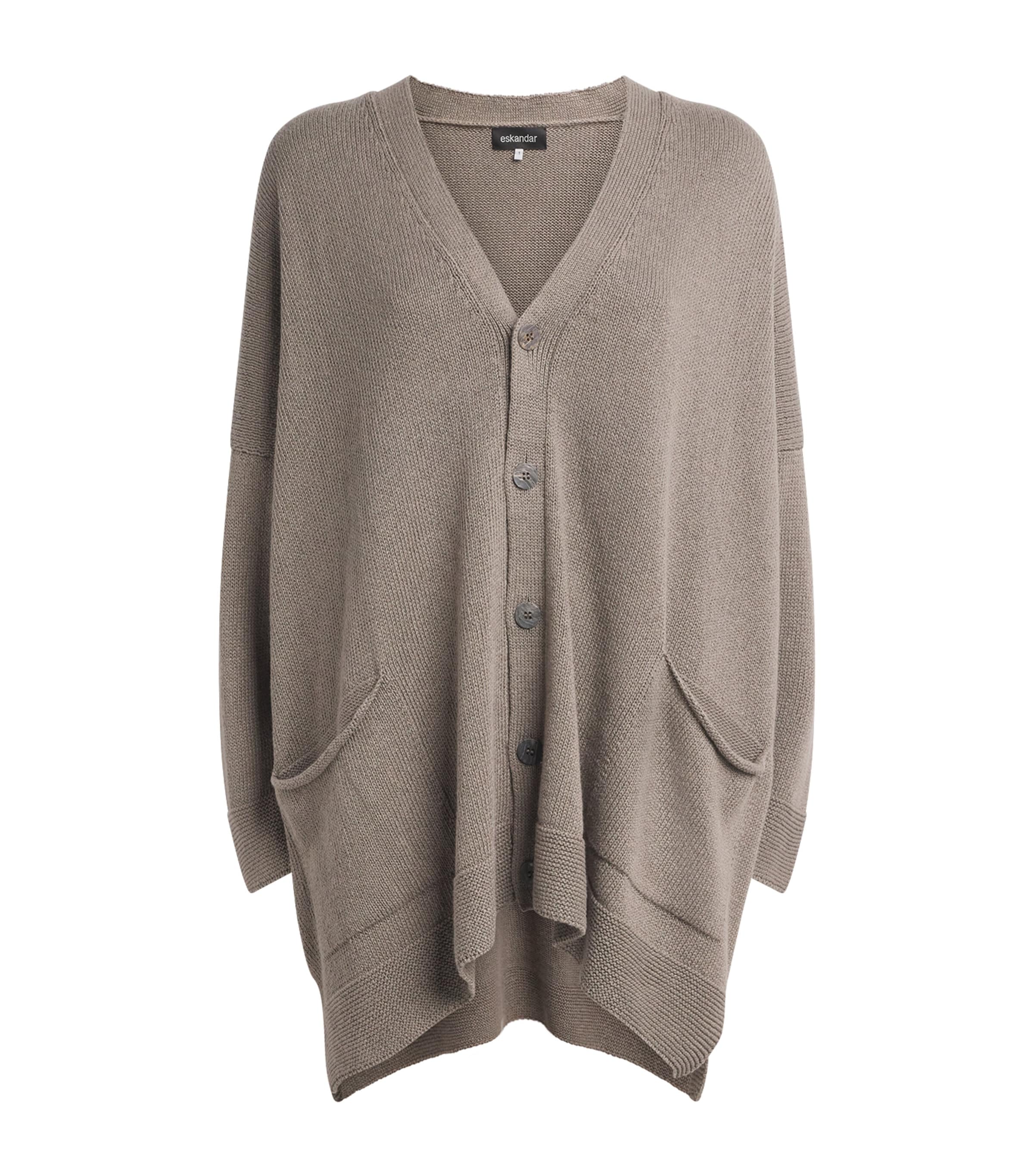 Eskandar Womens Linen-Organic Cotton V-Neck Cardigan Mink