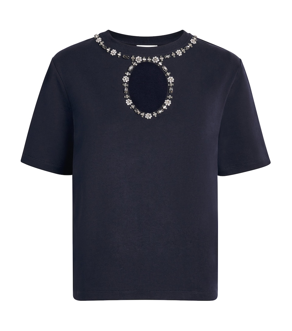 Sandro Paris Womens Cotton Embellished T-Shirt Navy Blue