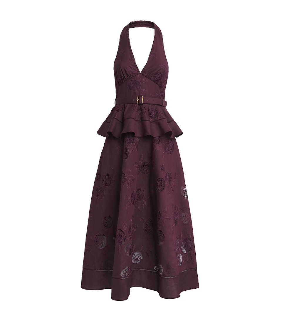 Self-Portrait Womens Linen-Cotton Embroidered Midi Dress Burgundy