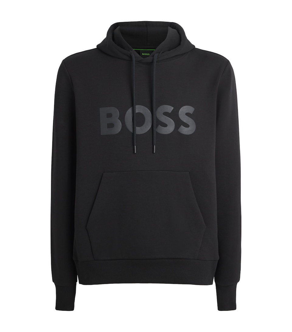 BOSS Mens Stretch-Cotton Logo Hoodie Black