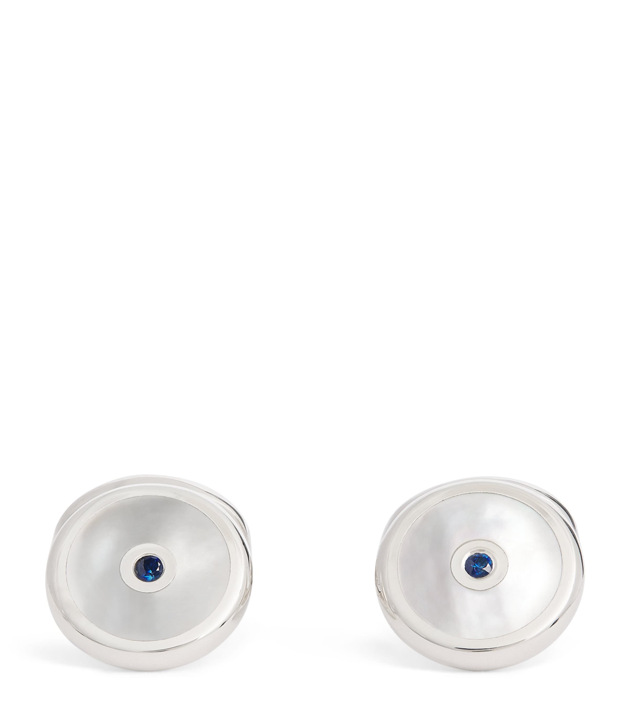Sterling Silver, Mother-Of-Pearl and Sapphire Round Cufflinks