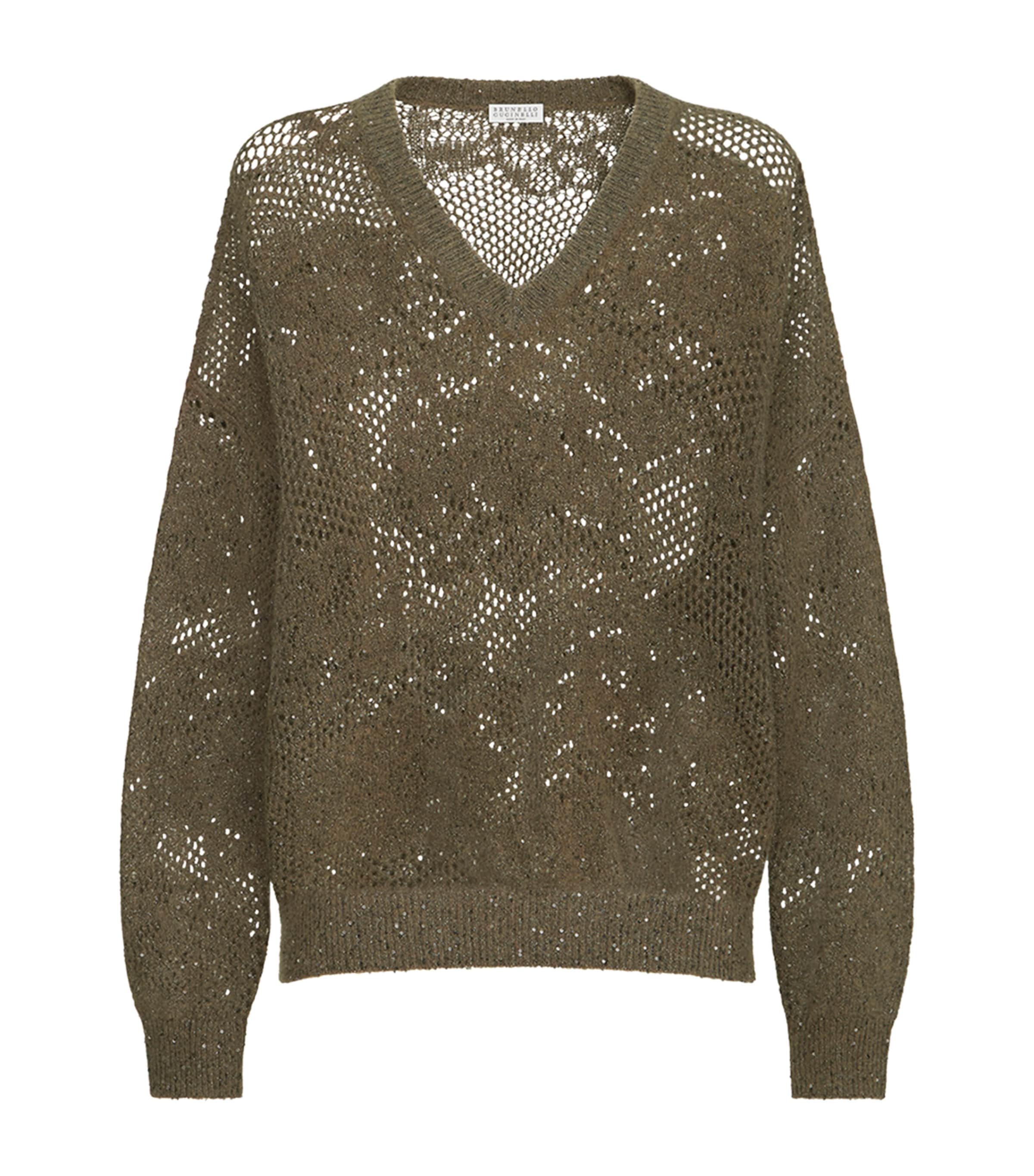 Brunello Cucinelli Womens Open-Work Embellished Sweater Militare