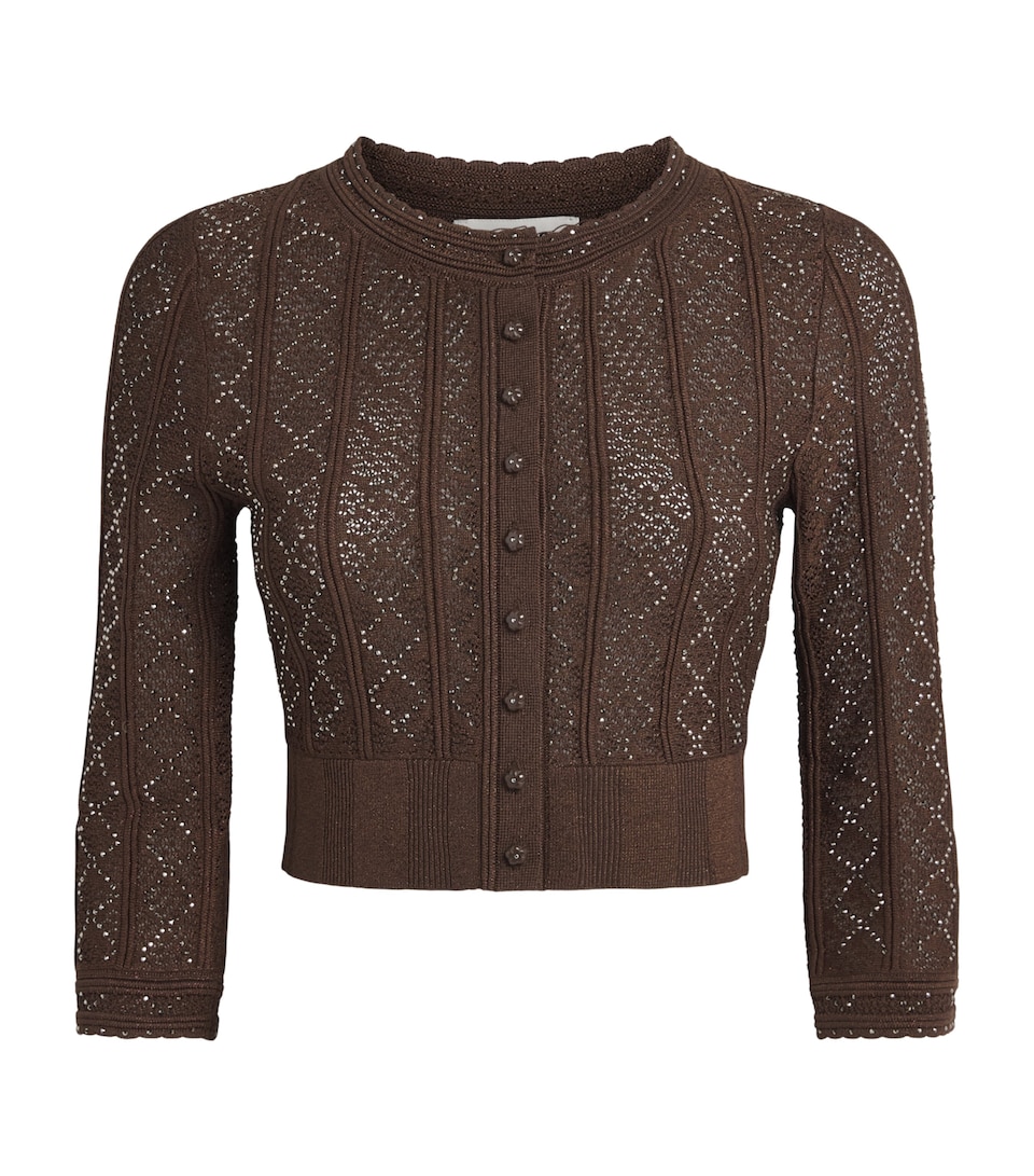 Sandro Paris Womens Pointelle-Knit Embellished Cropped Cardigan Brown