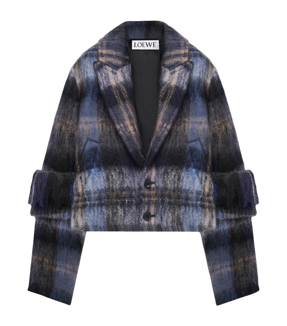 Mohair-Wool Scarf-Detail Check Coat
