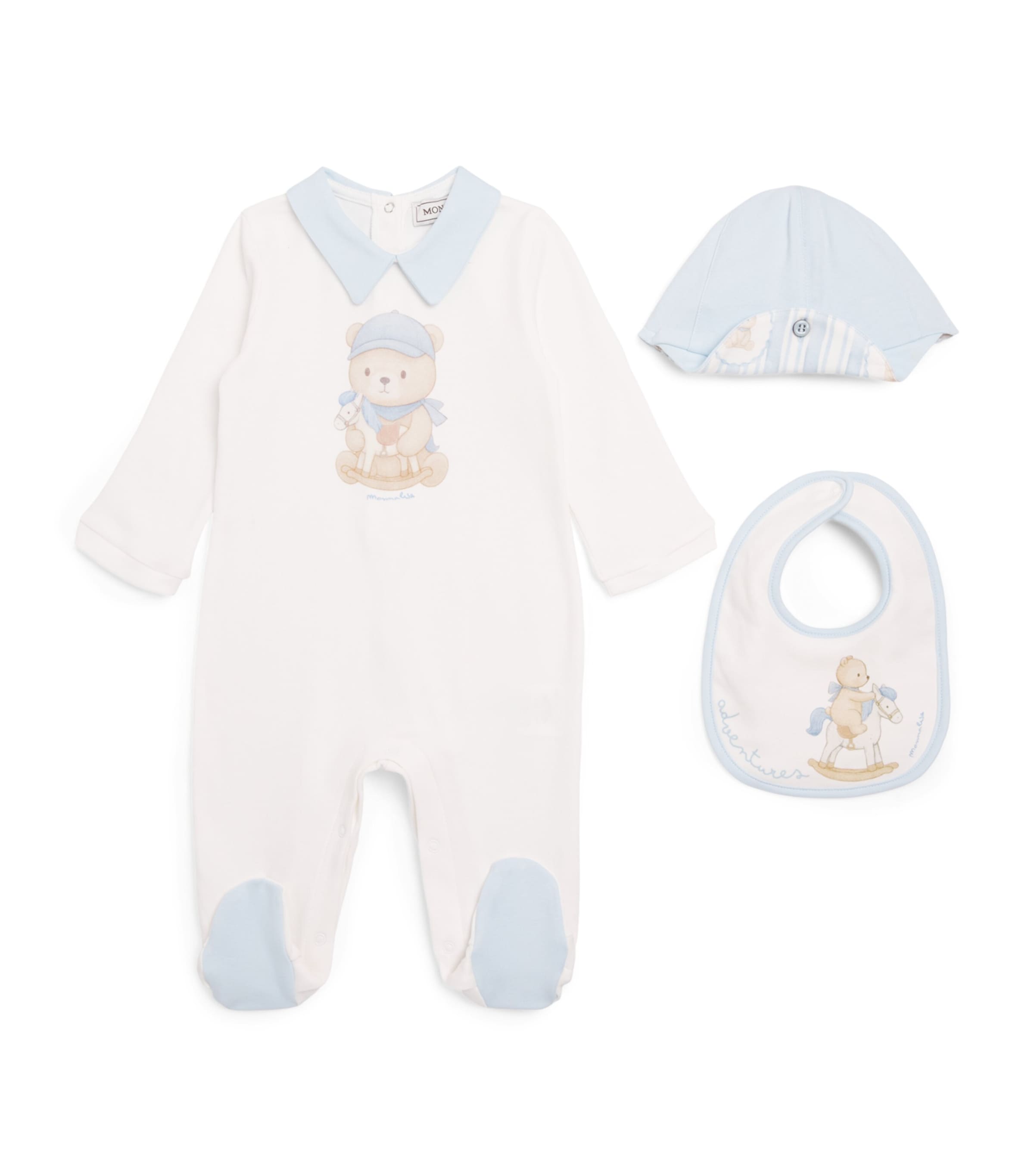 Monnalisa Cotton All-In-One, Bib and Hat Set (1-9 Months) Panna+nuvola