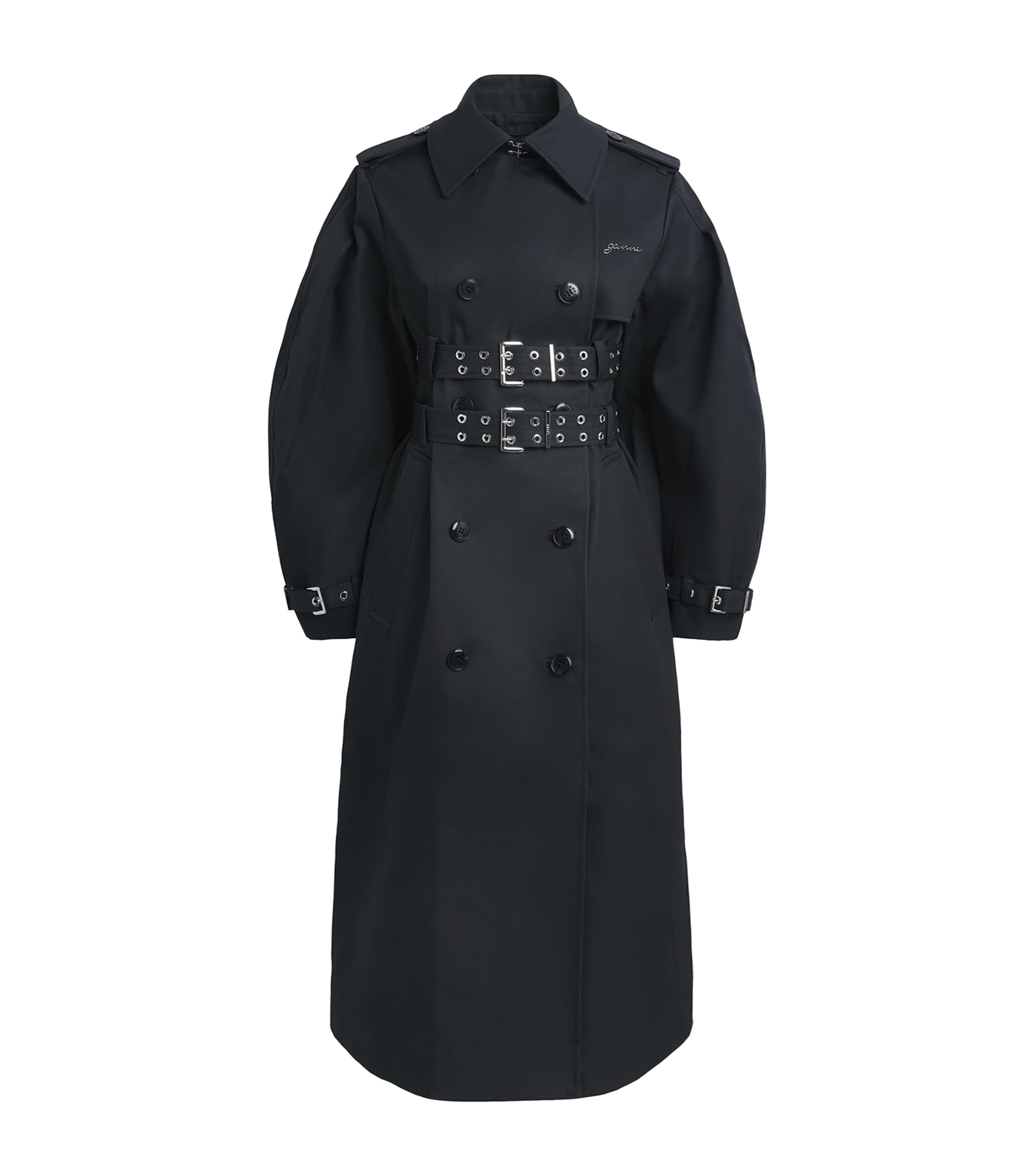GANNI Womens Organic Cotton Belted Trench Coat Black