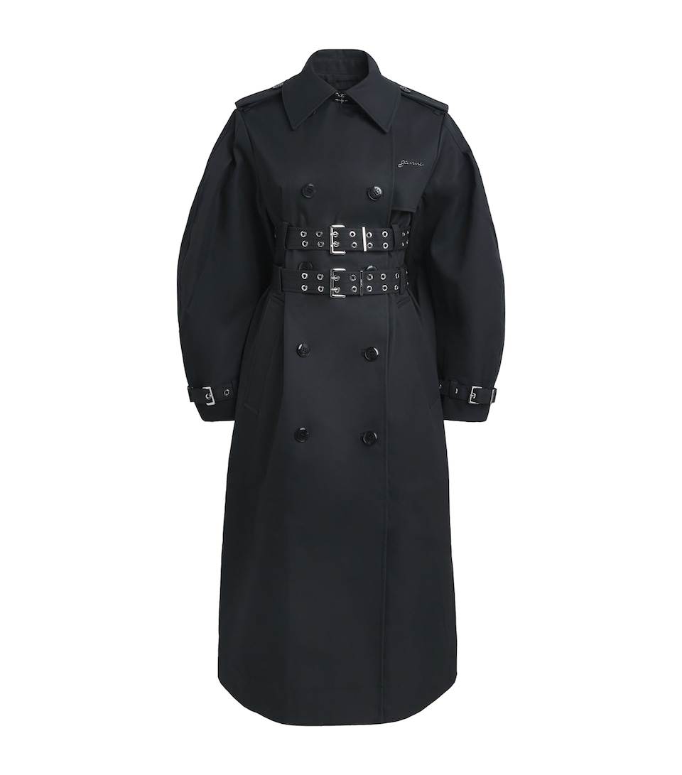 GANNI Womens Organic Cotton Belted Trench Coat Black