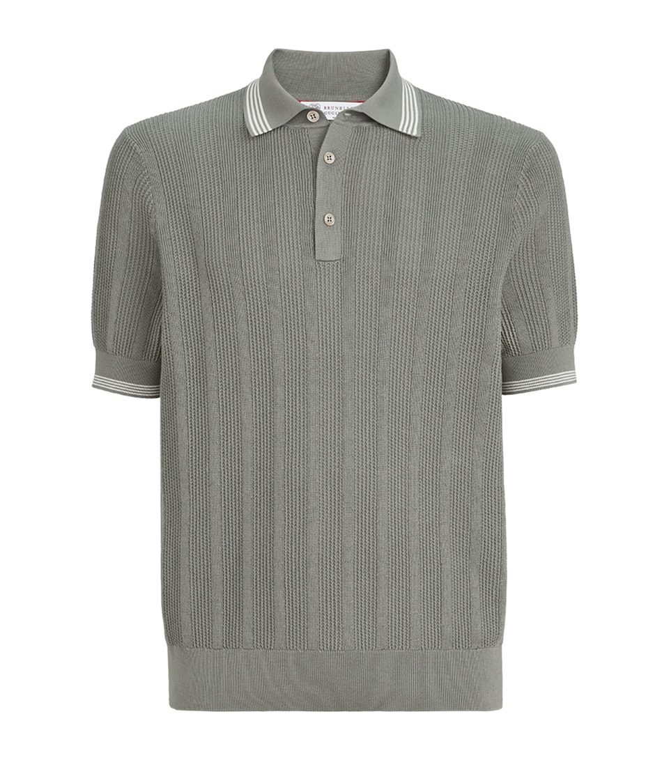 Brunello Cucinelli Mens Cotton Rib-Knit Polo Shirt