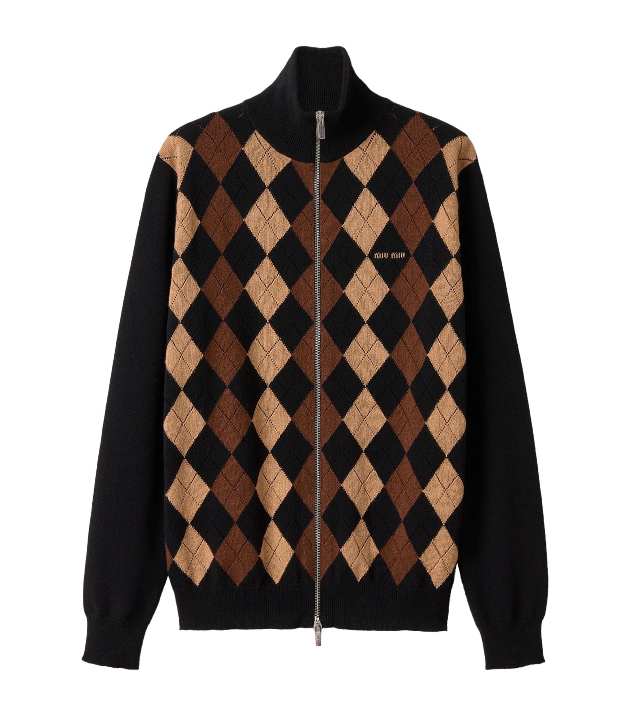 Miu Miu Womens Cashmere Argyle Zip-Up Cardigan Black