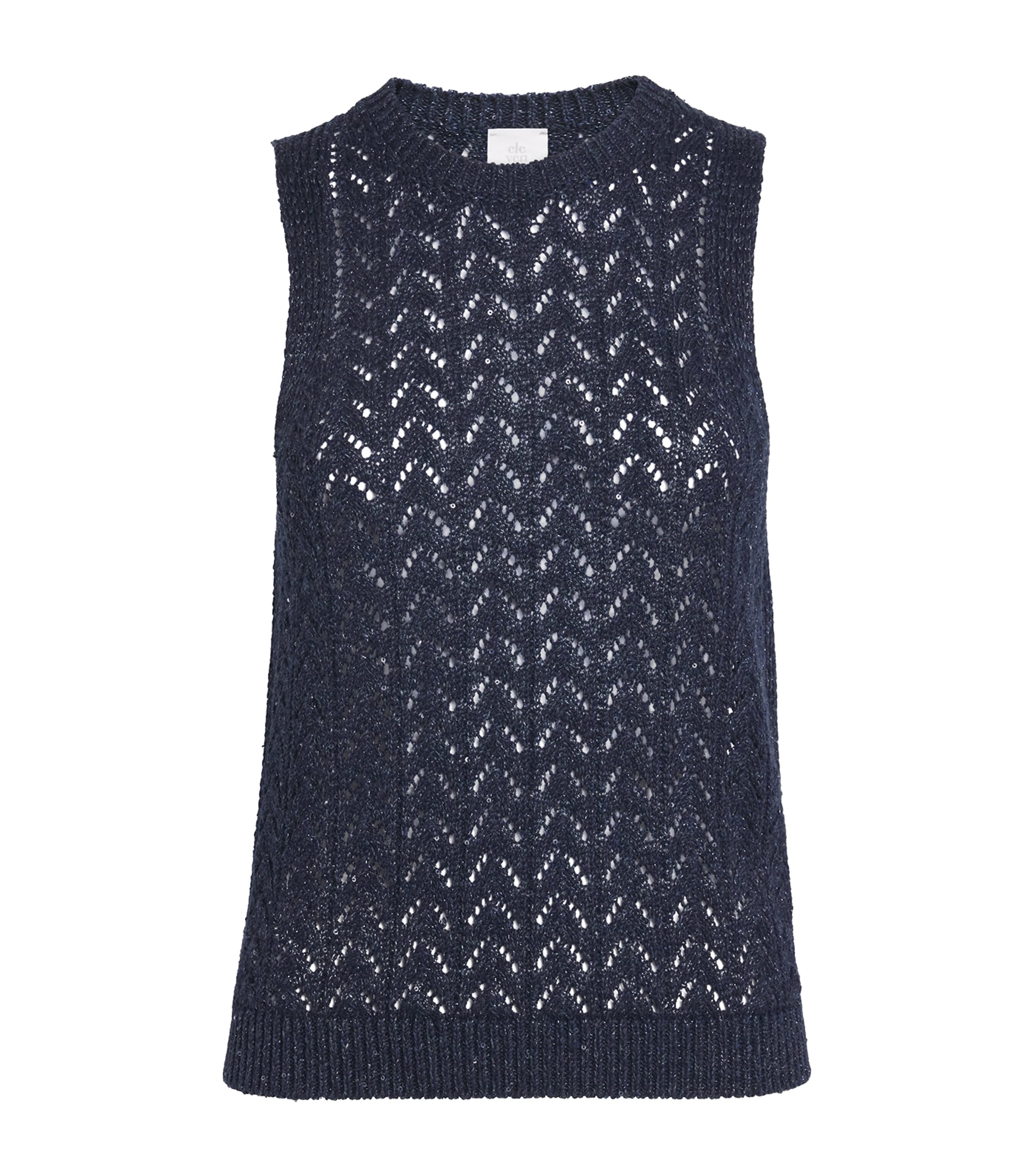 Eleventy Womens Cotton-Blend Sequin Sleeveless Sweater Blu Nuovo