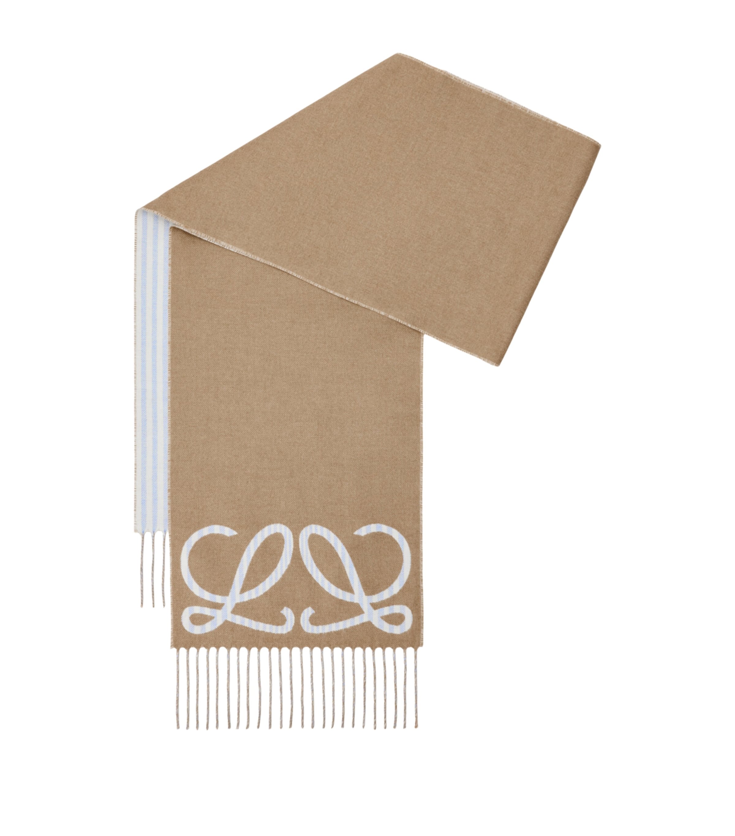 LOEWE Silk-Cashmere Reversible Logo Scarf Beige/light Blue