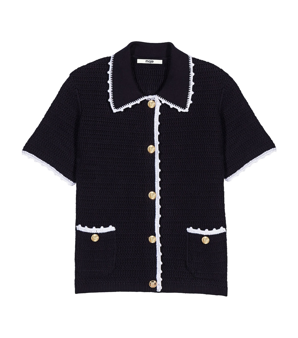 Maje Womens Textured Knit Short-Sleeve Cardigan Navy