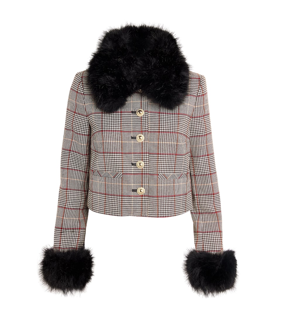 Faux Fur-Trim Check Jacket