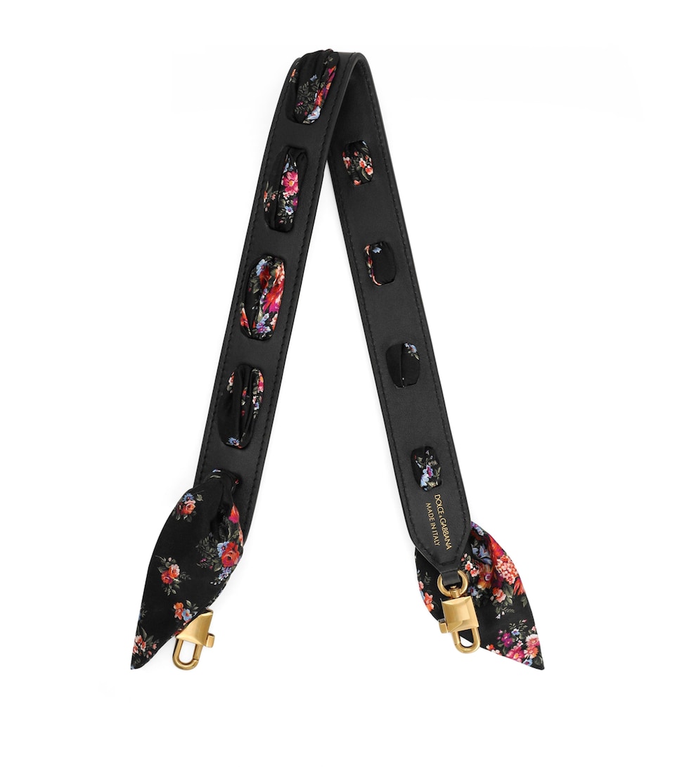 Leather-Silk Floral-Trim Bag Strap