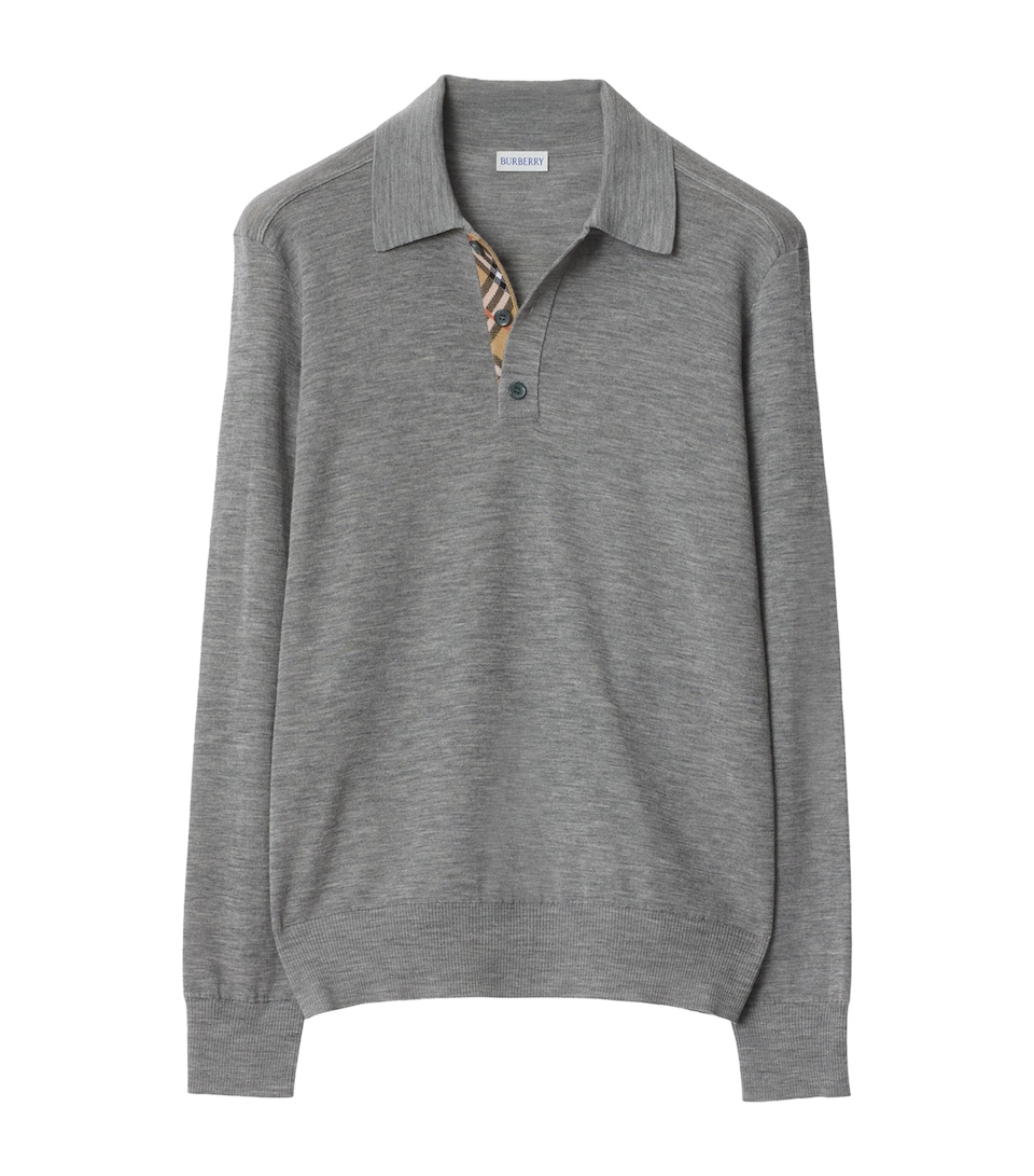 Wool Check-Detail Long-Sleeve Polo Shirt