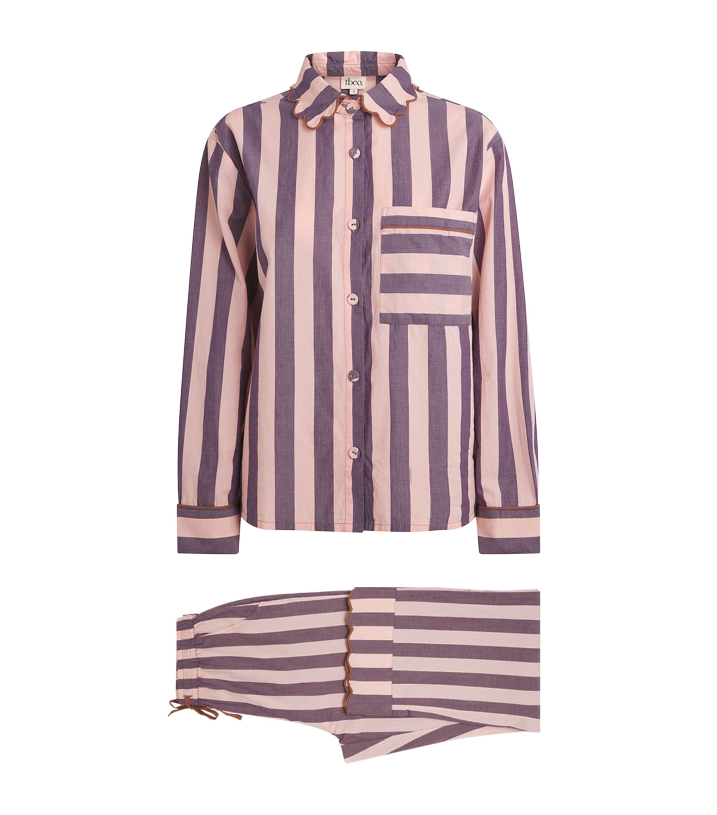 TBCO Womens Cotton Stripe Scalloped Pyjama Set Pink & Purple Stripe
