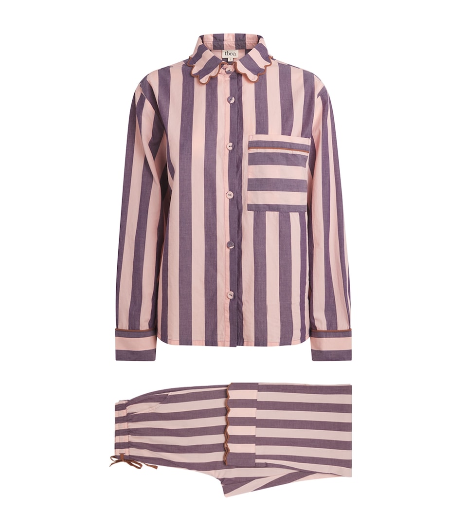 TBCO Womens Cotton Stripe Scalloped Pyjama Set Pink & Purple Stripe