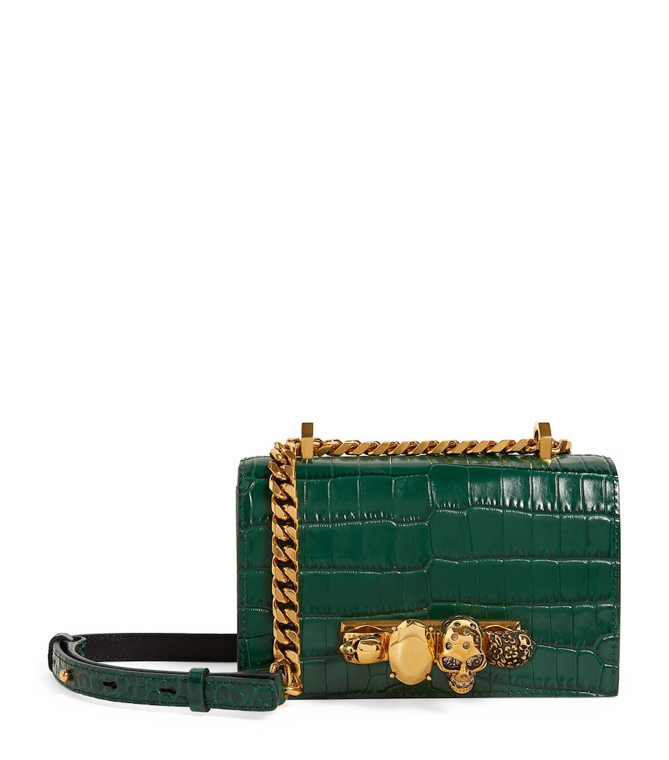 Small Croc-Embossed Leather Jewelled Satchel Bag