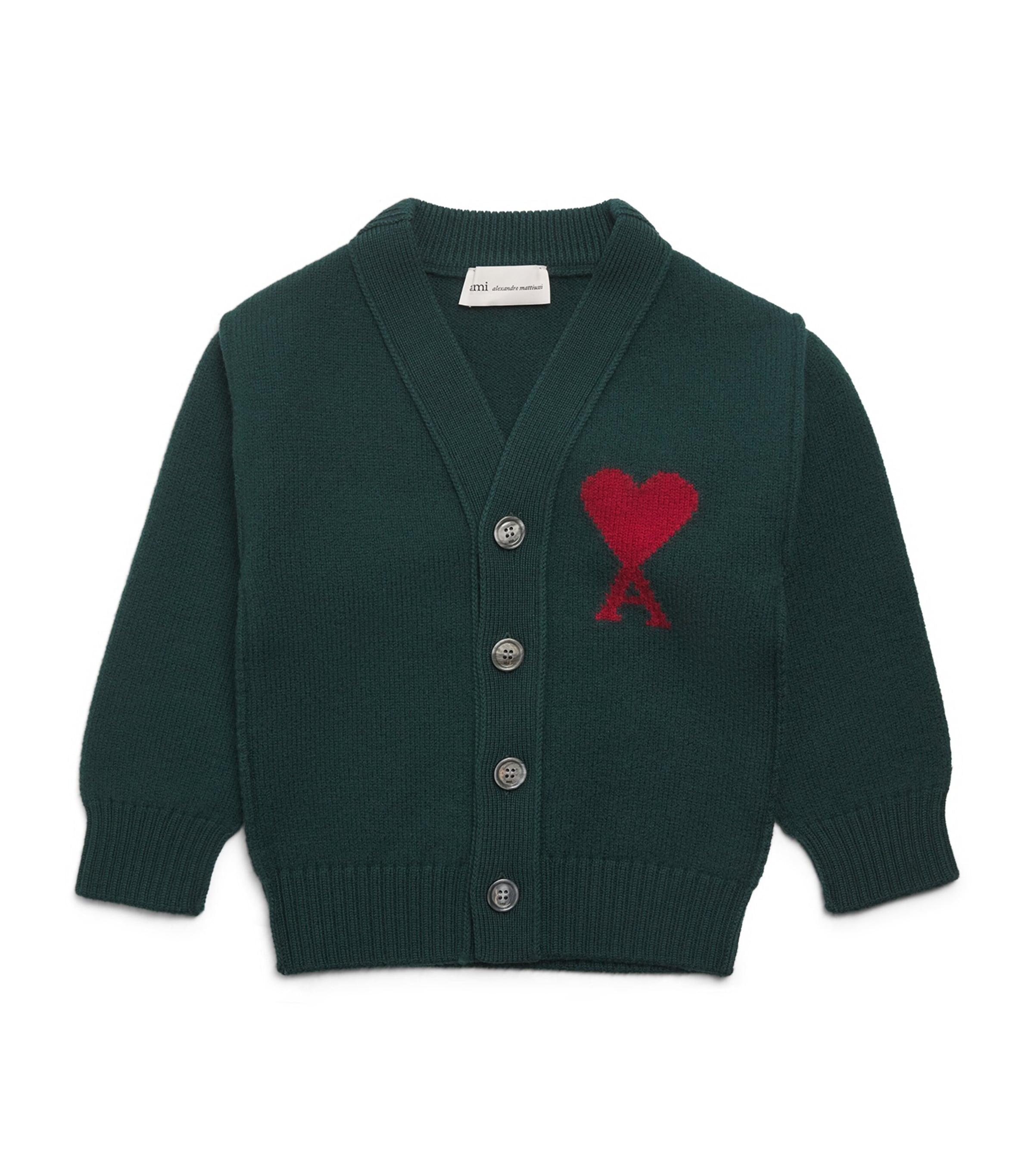 AMI Paris Wool Ami de Coeur Cardigan (4-12 Years) : Vert Bouteille/rouge
