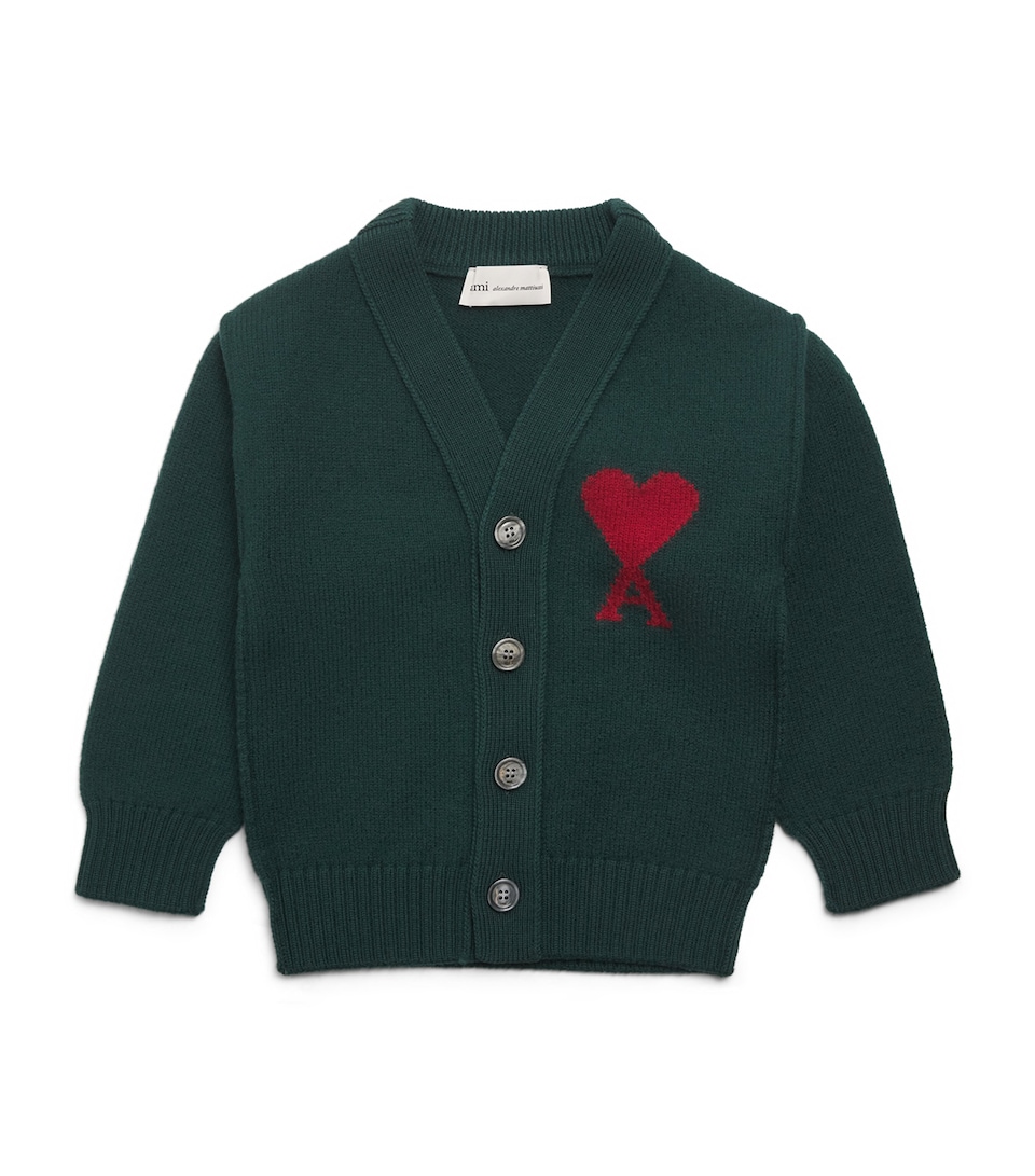 AMI Paris Wool Ami de Coeur Cardigan (4-12 Years) : Vert Bouteille/rouge