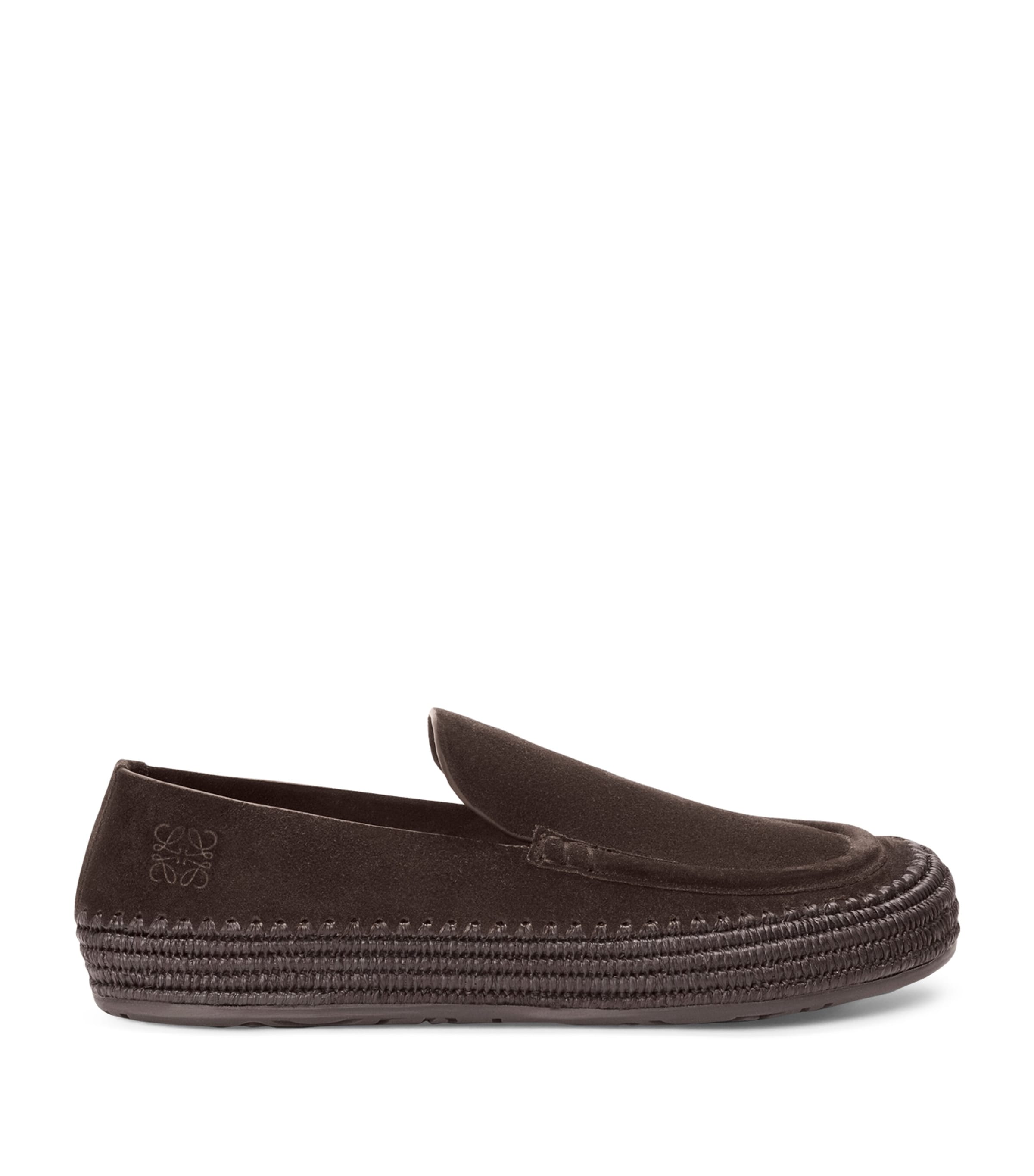 LOEWE x Paula's Ibiza Suede-Raffia Rio Loafers Dark Brown
