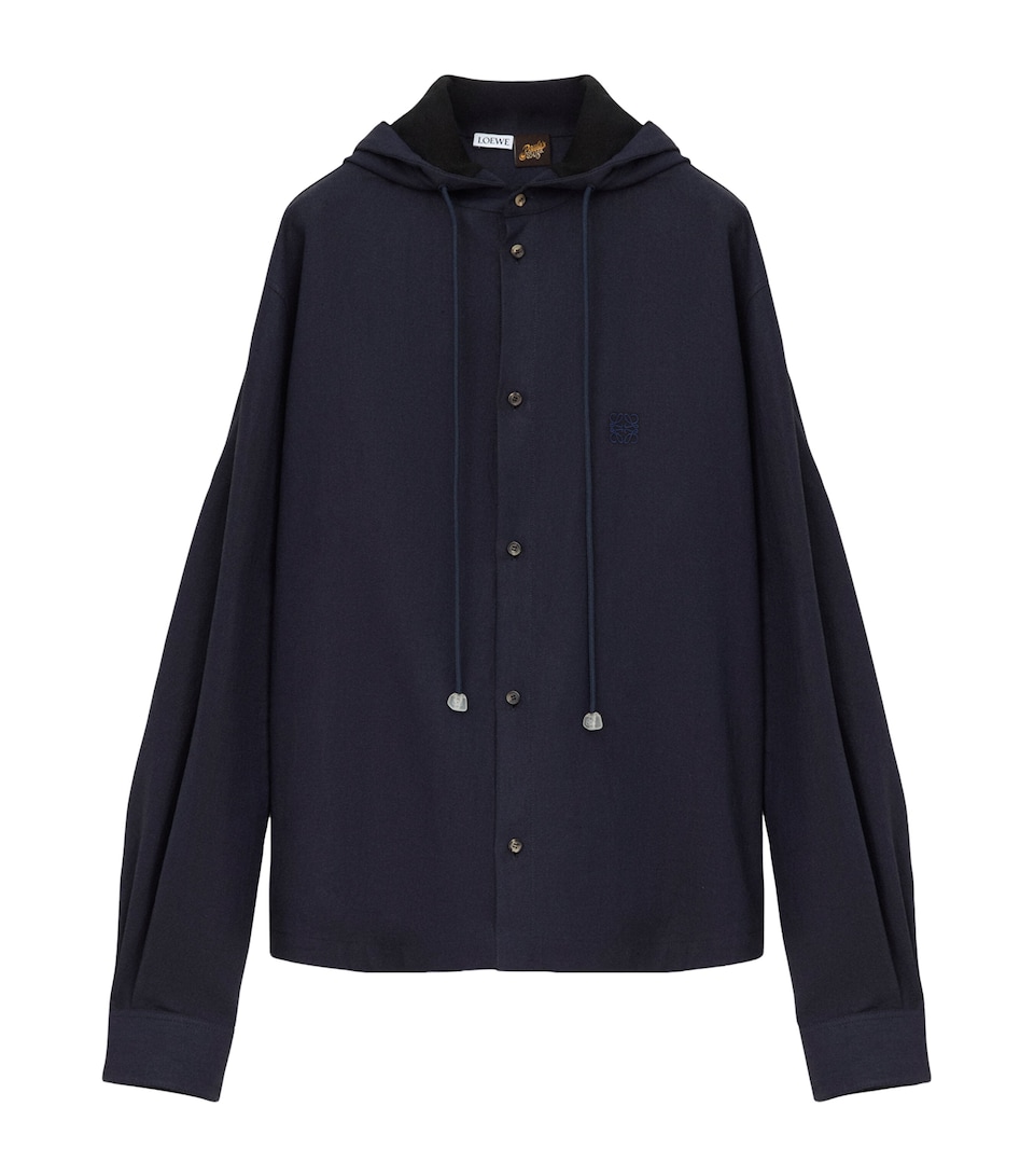 LOEWE Mens x Paula's Ibiza Linen-Blend Hooded Anagram Shirt Navy/black