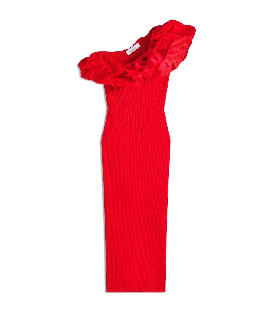Schiaparelli Womens Knitted Sculptural Ruffle Midi Dress Red