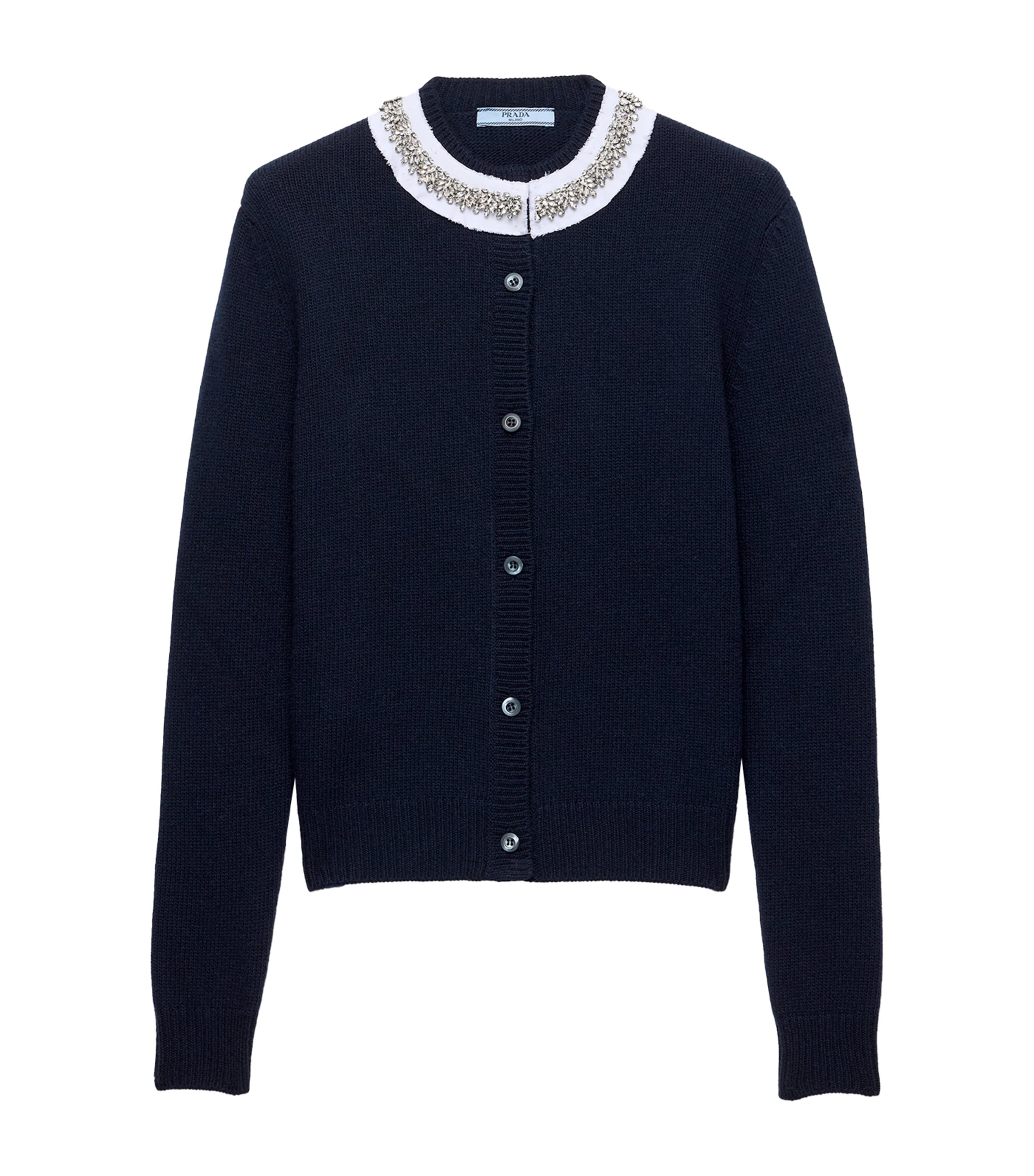 Prada Womens Wool-Cashmere Jewel-Neck Cardigan Blue