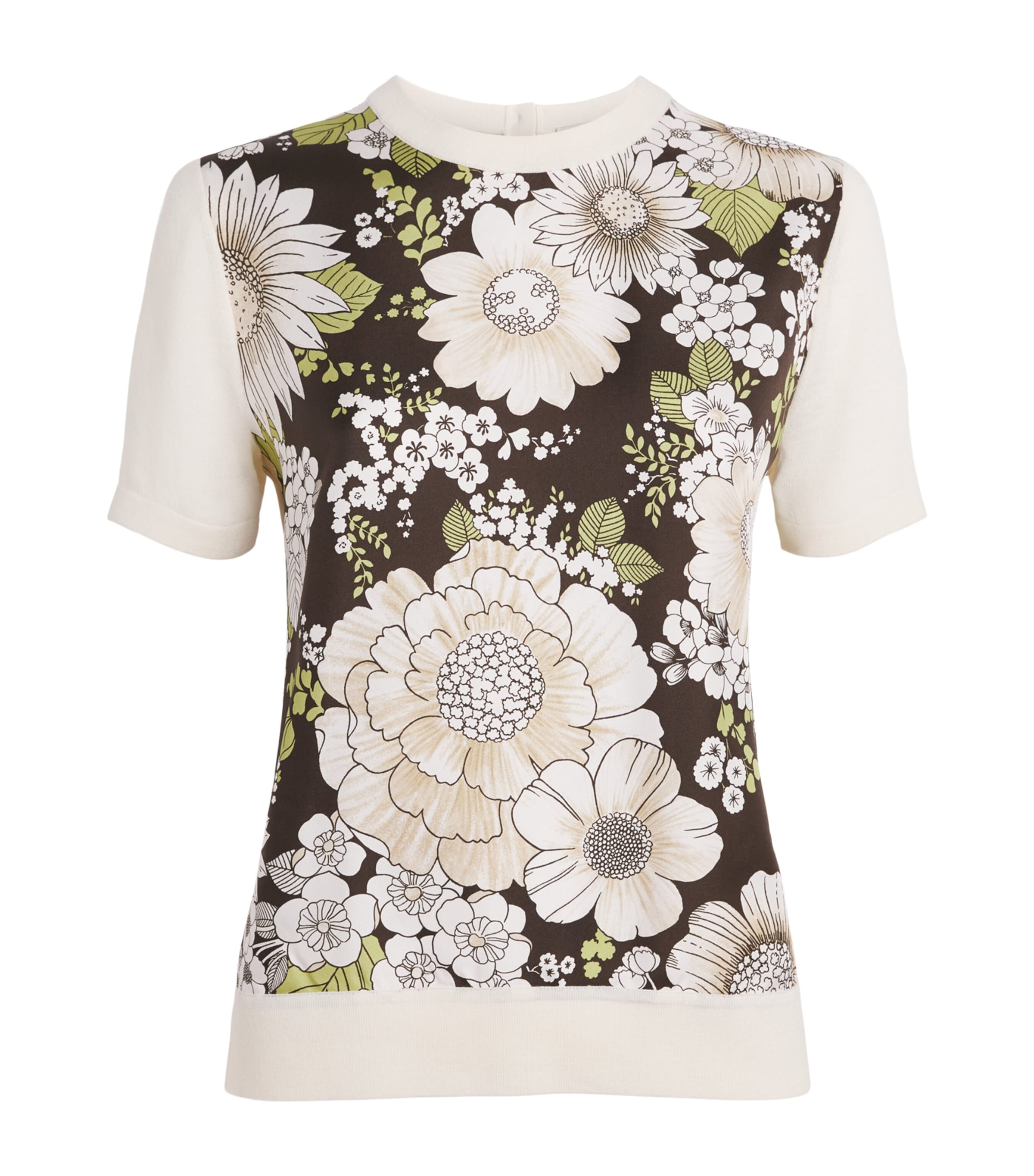 Tory Burch Womens Silk-Wool Floral T-Shirt N Ivory / Br Flor