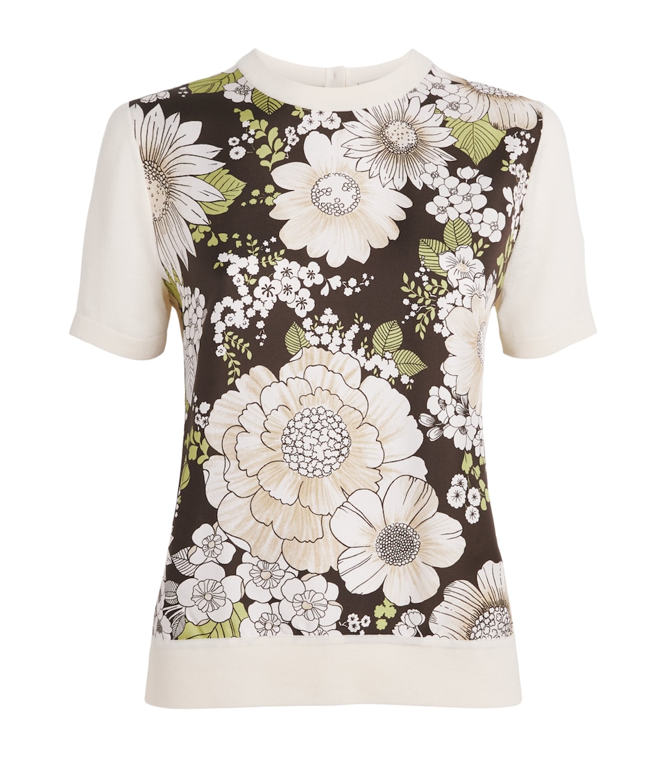 Tory Burch Womens Silk-Wool Floral T-Shirt N Ivory / Br Flor