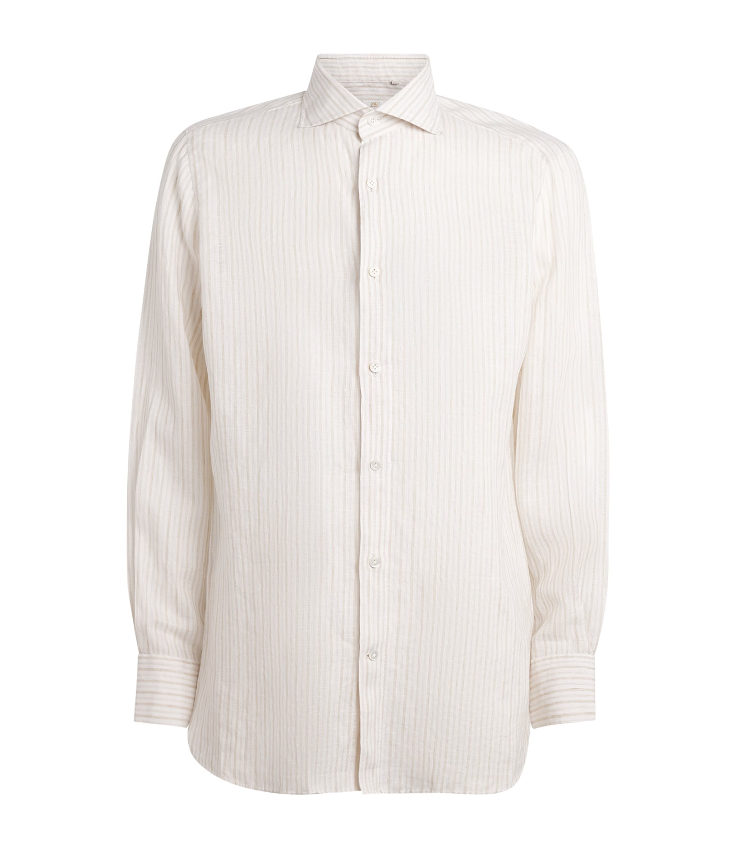 100HANDS Mens Linen Stripe Shirt Brown White