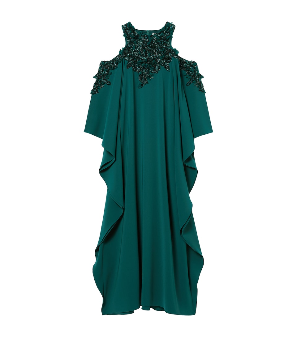 Marina Rinaldi Womens x Tony Ward Embellished Cold-Shoulder Maxi Dress Oil