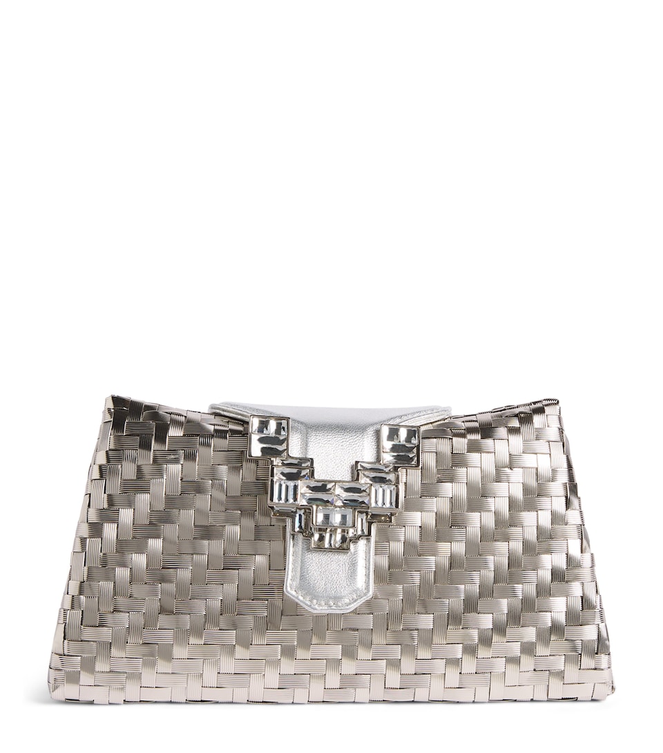 Rodo Woven Embellished Clutch Bag Silver