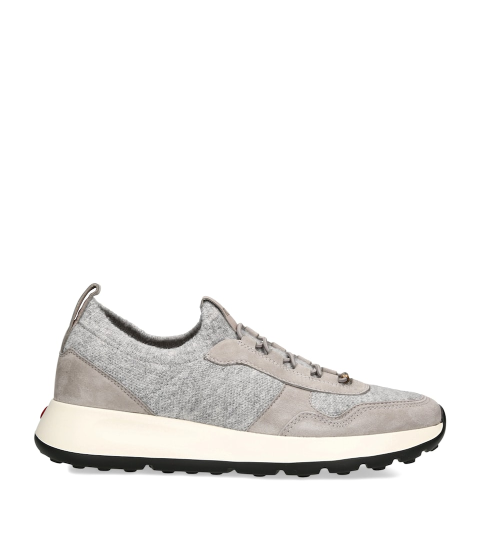 Tod's Suede-Knit Red Dot Sneakers Grey