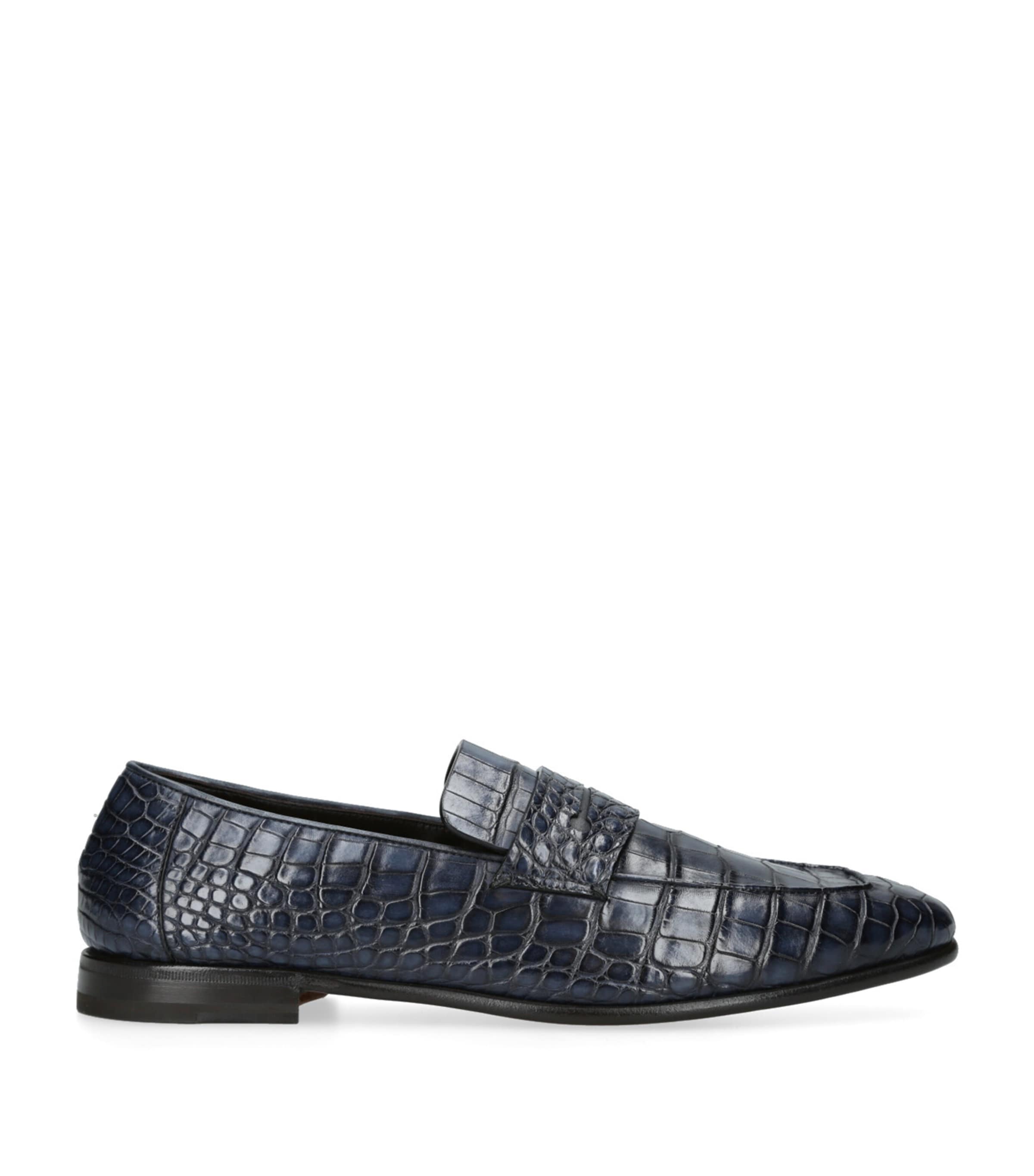 Zegna Crocodile Skin Penny Loafers Navy