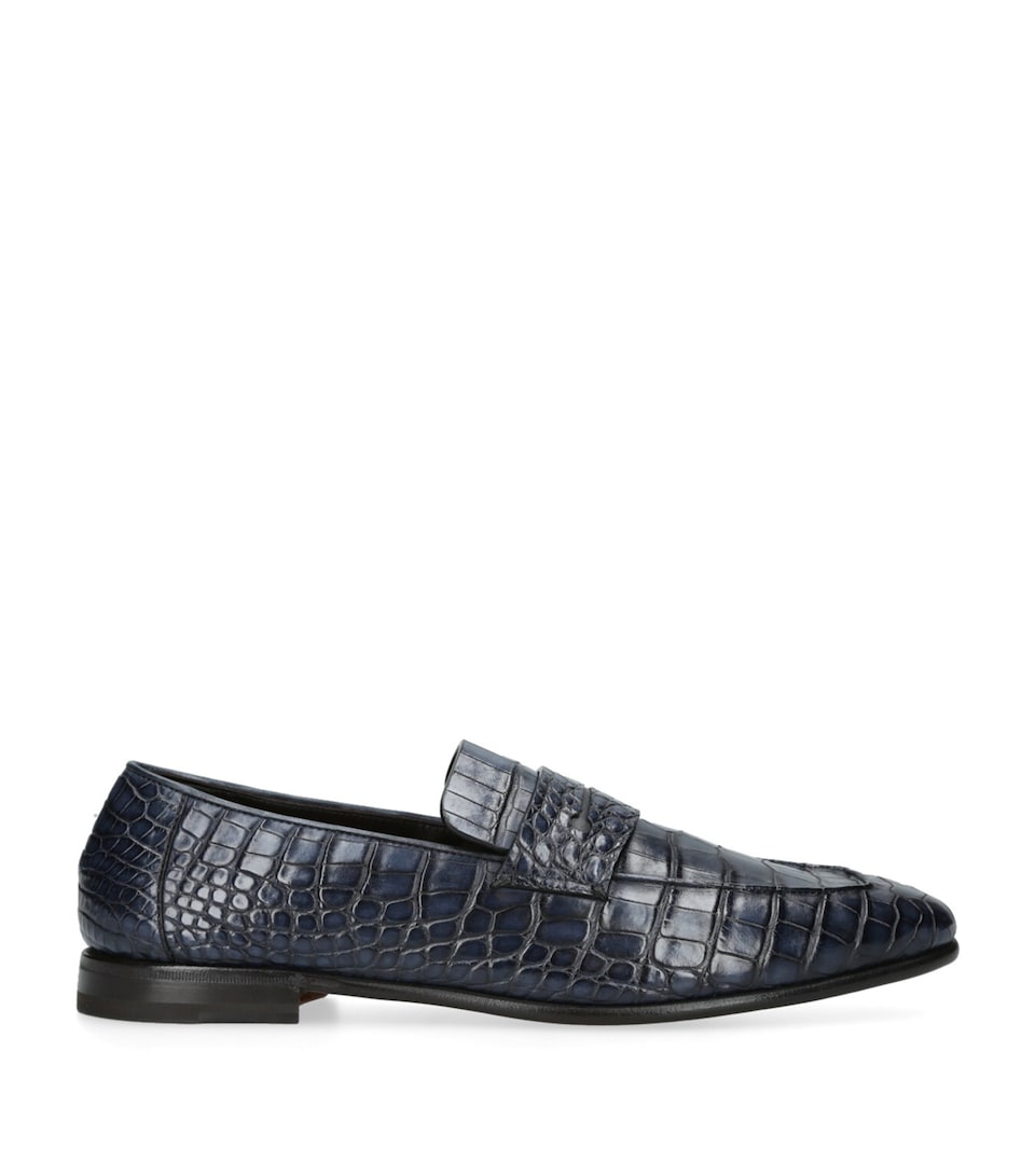Zegna Crocodile Skin Penny Loafers Navy