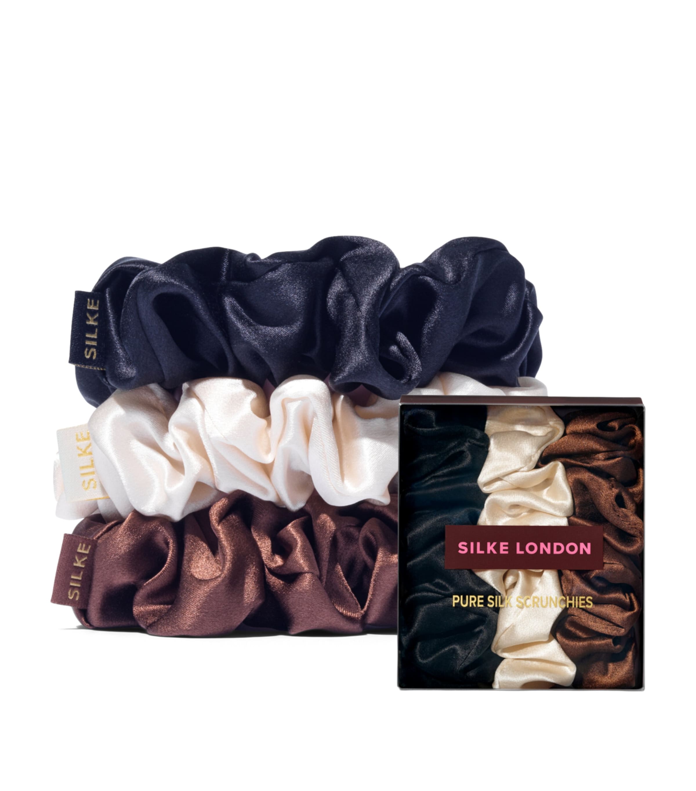 SILKE Mulberry Silk Hair Scrunchies (Set of 3) Classic Mix Brown, Champagne