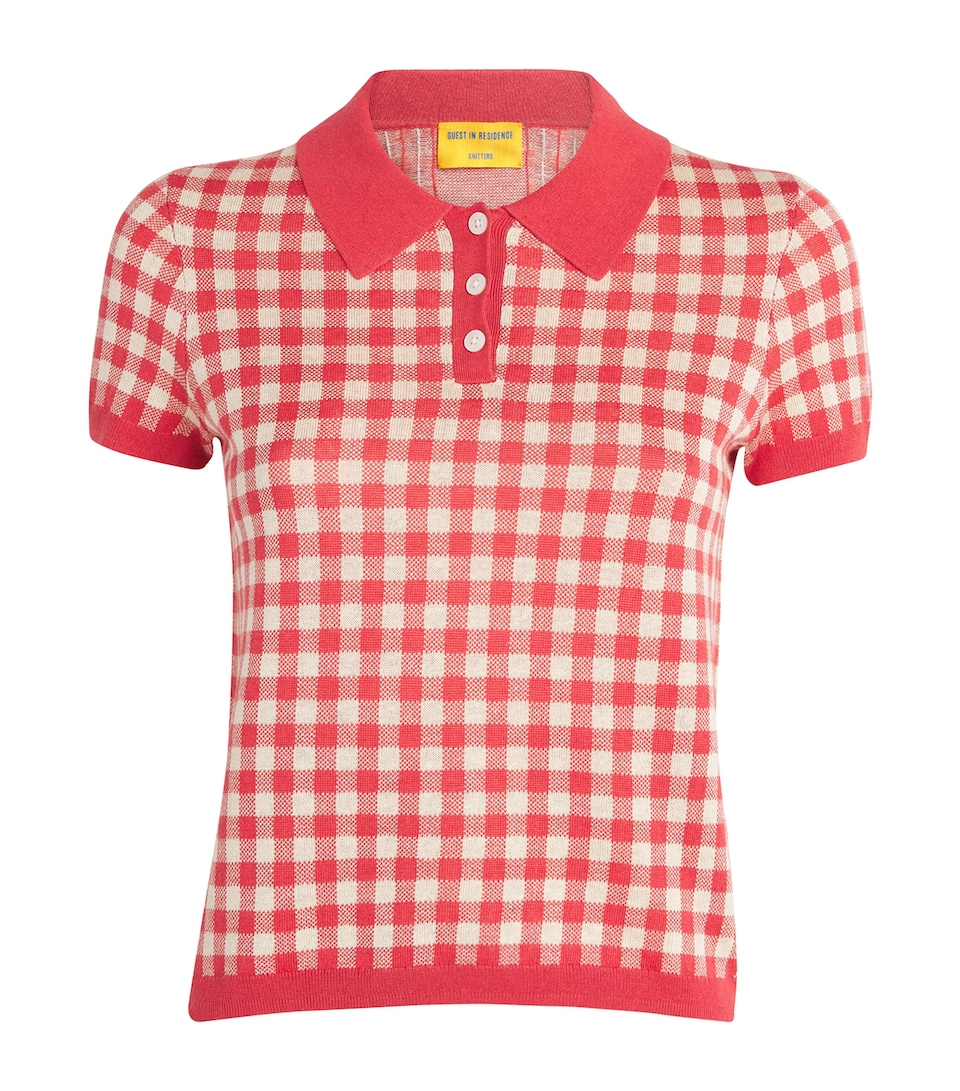 Silk-Linen Gingham Shrunken Polo Sweater