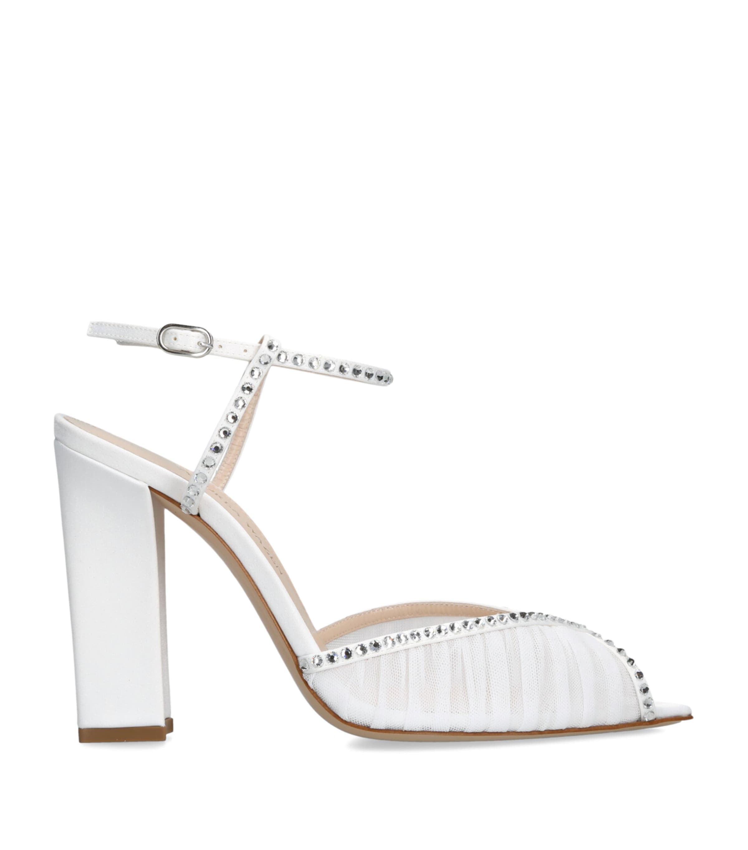 Andrea Wazen Embellished Tulle Katy Heeled Sandals 105 White