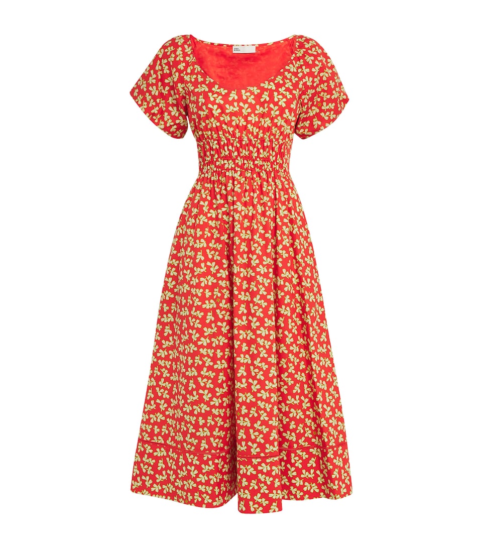 Poplin Leaf Print Midi Dress