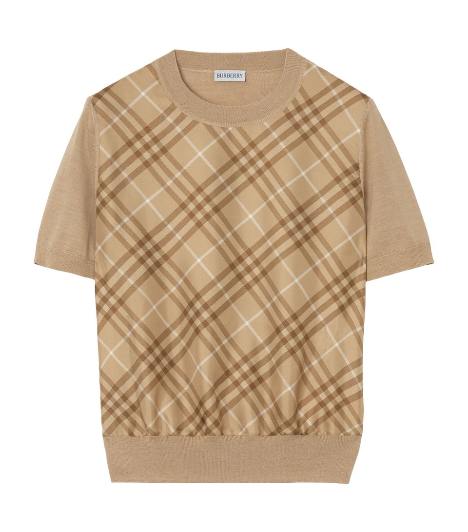Burberry Womens Wool-Silk Check Panel T-Shirt Camel
