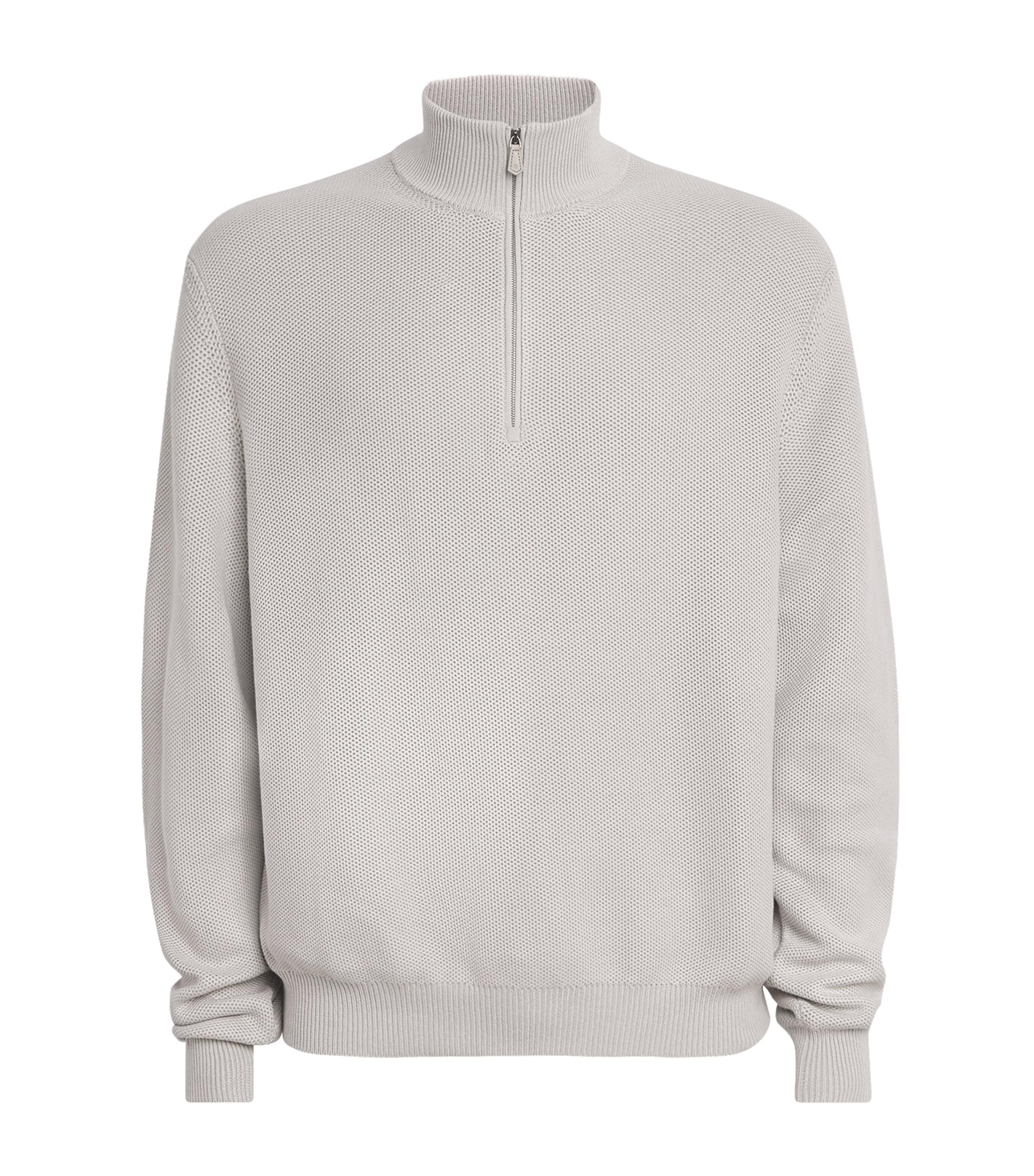 Ralph Lauren Purple Label Mens Stretch-Silk-Cotton Quarter-Zip Sweater Pearl Grey