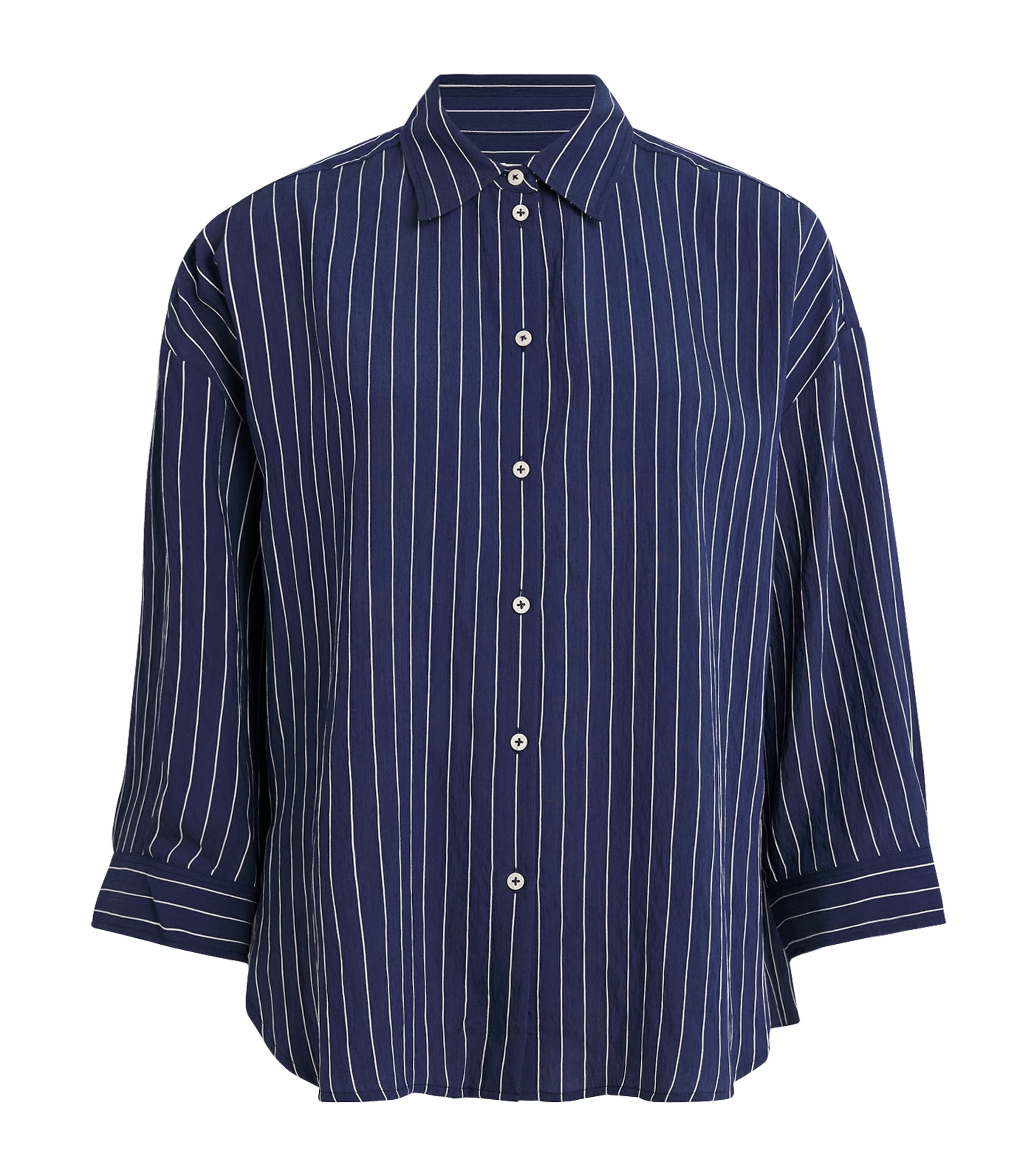 ME+EM Womens Cotton Voile Cropped-Sleeve Shirt Blue/white