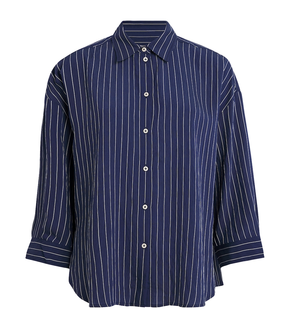 ME+EM Womens Cotton Voile Cropped-Sleeve Shirt Blue/white