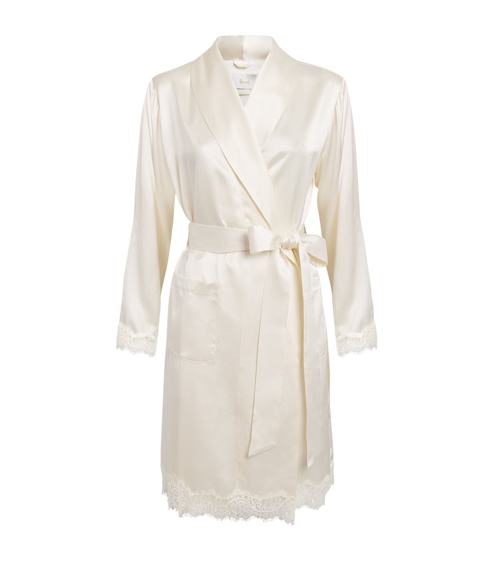 Harrods Womens Silk Lace-Trim Short Night Robe Ivory